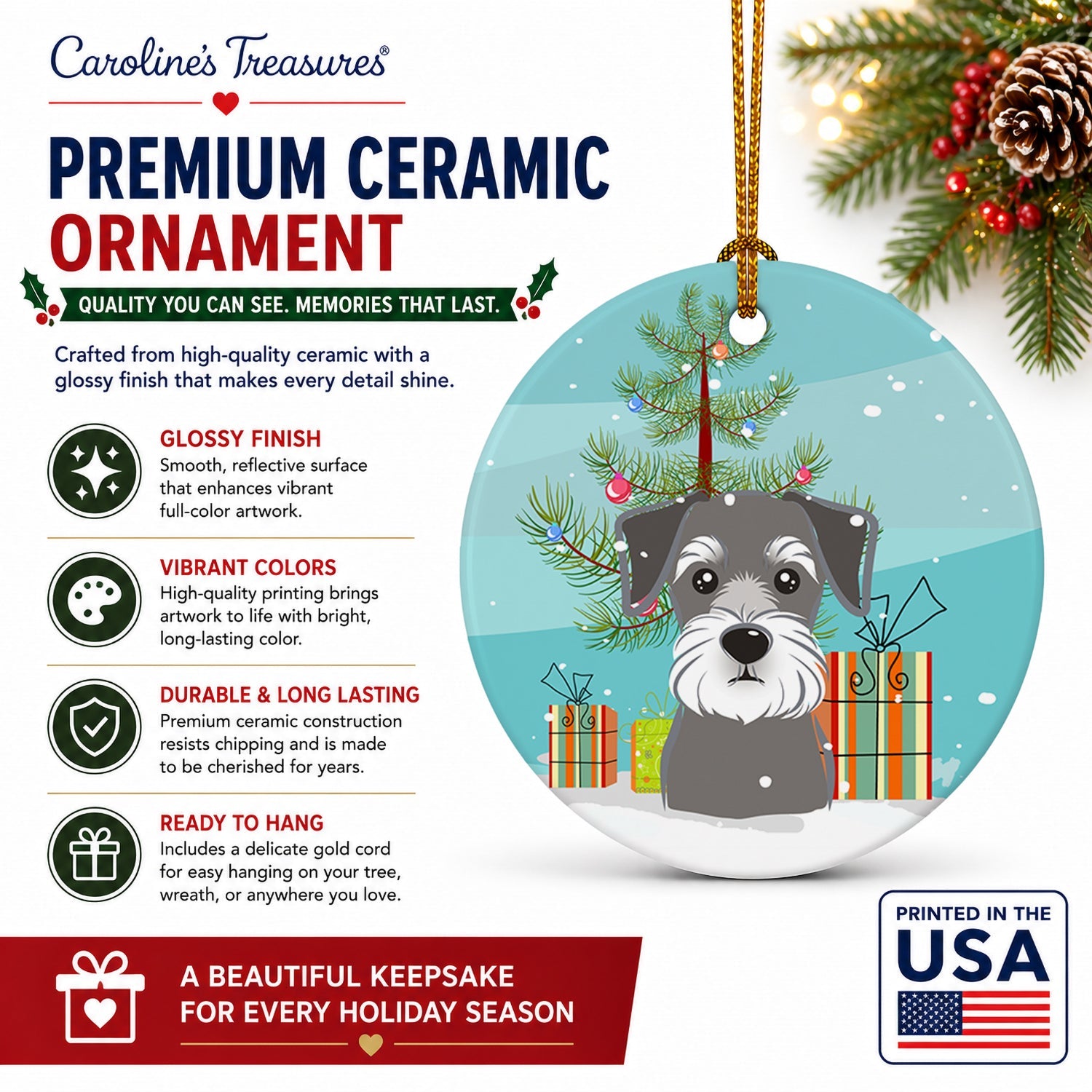 Christmas Tree and Schnauzer Ceramic Ornament Christmas Tree Hanging Decorations for Home Christmas Holiday, Party, Gift, 3 in, Multicolor