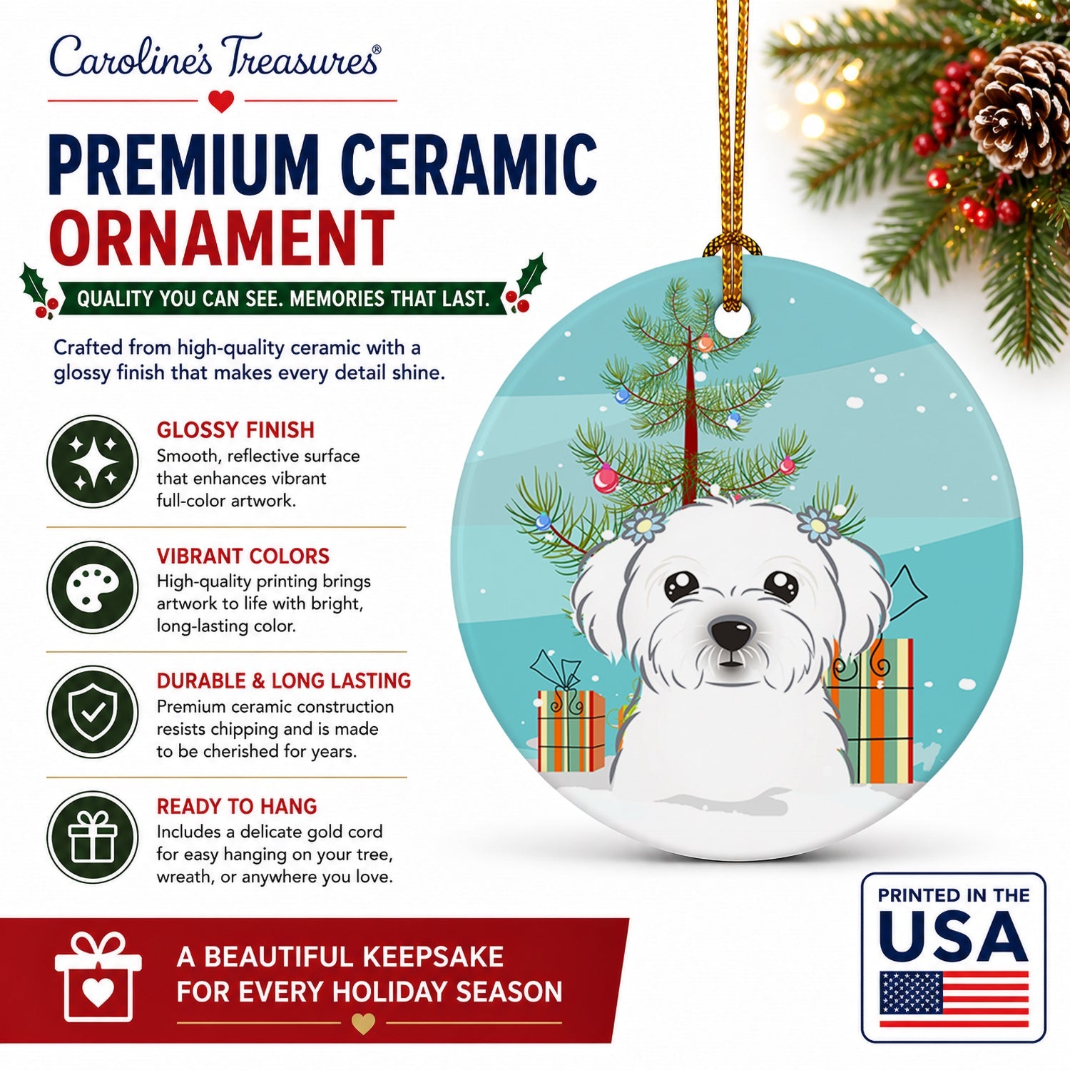 Christmas Tree and Maltese Ceramic Ornament Christmas Tree Hanging Decorations for Home Christmas Holiday, Party, Gift, 3 in, Multicolor