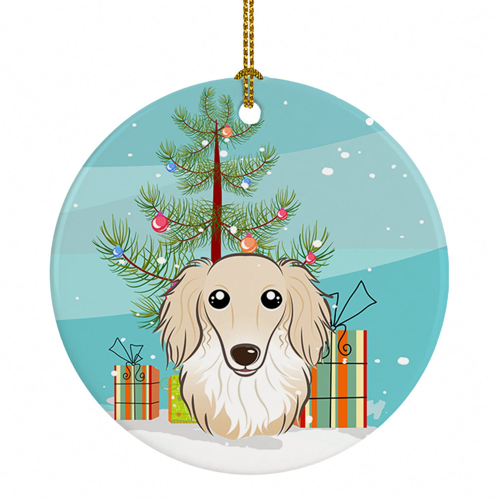 Christmas Tree and Longhair Creme Dachshund Ceramic Ornament Christmas Tree Hanging Decorations for Home Christmas Holiday, Party, Gift, 3 in, Multicolor