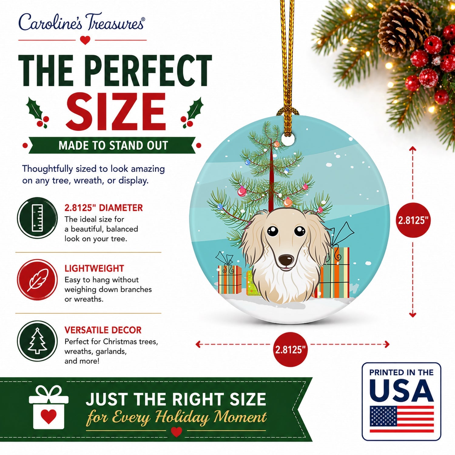 Christmas Tree and Longhair Creme Dachshund Ceramic Ornament Christmas Tree Hanging Decorations for Home Christmas Holiday, Party, Gift, 3 in, Multicolor