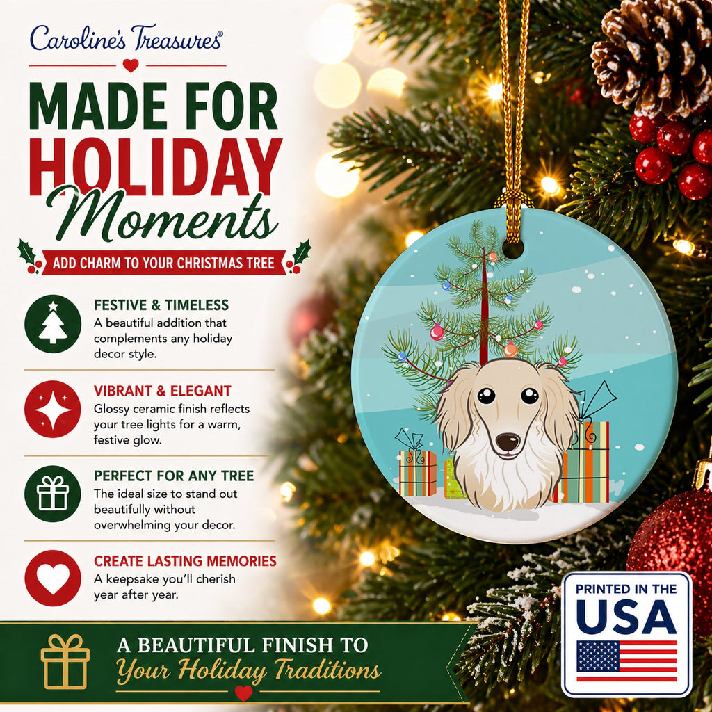 Christmas Tree and Longhair Creme Dachshund Ceramic Ornament Christmas Tree Hanging Decorations for Home Christmas Holiday, Party, Gift, 3 in, Multicolor