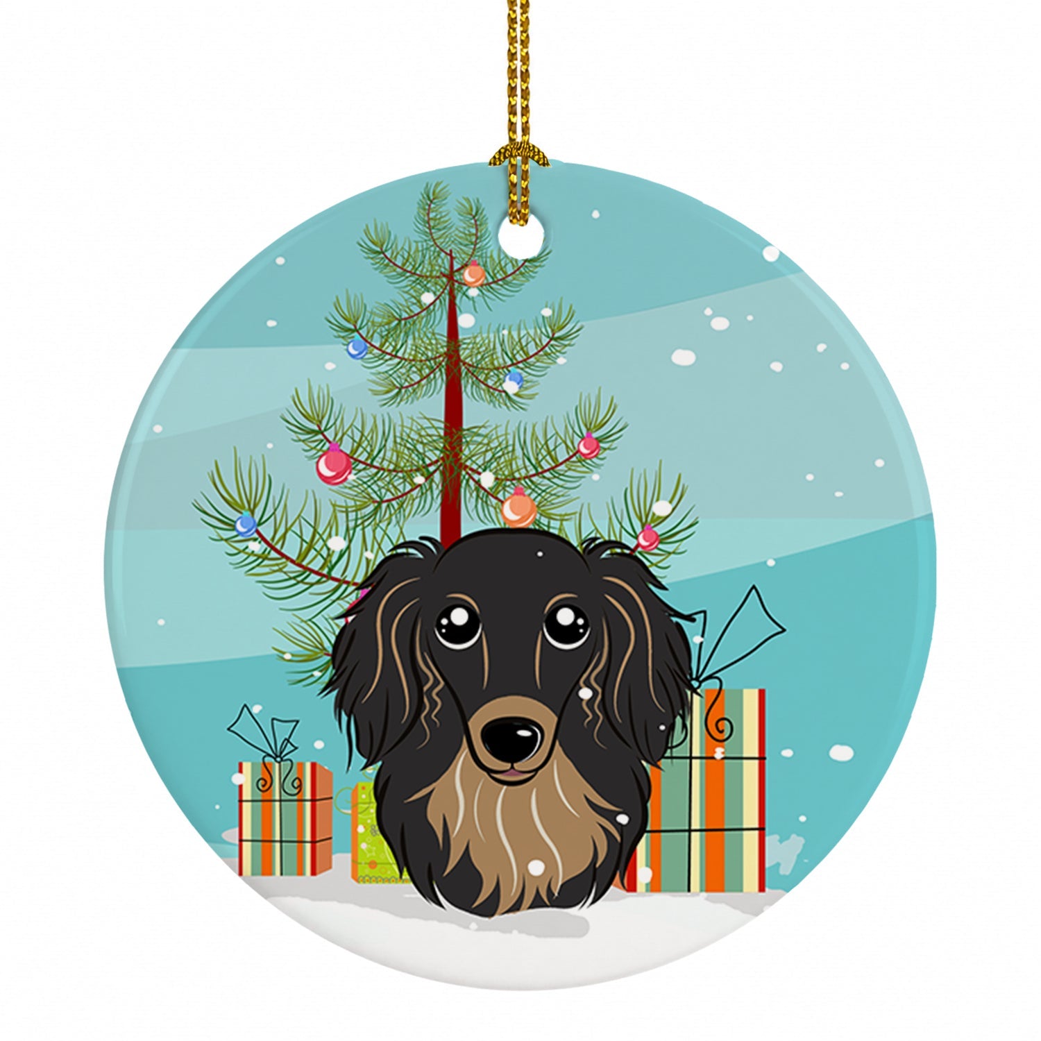 Christmas Tree and Longhair Black and Tan Dachshund Ceramic Ornament Christmas Tree Hanging Decorations for Home Christmas Holiday, Party, Gift, 3 in, Multicolor
