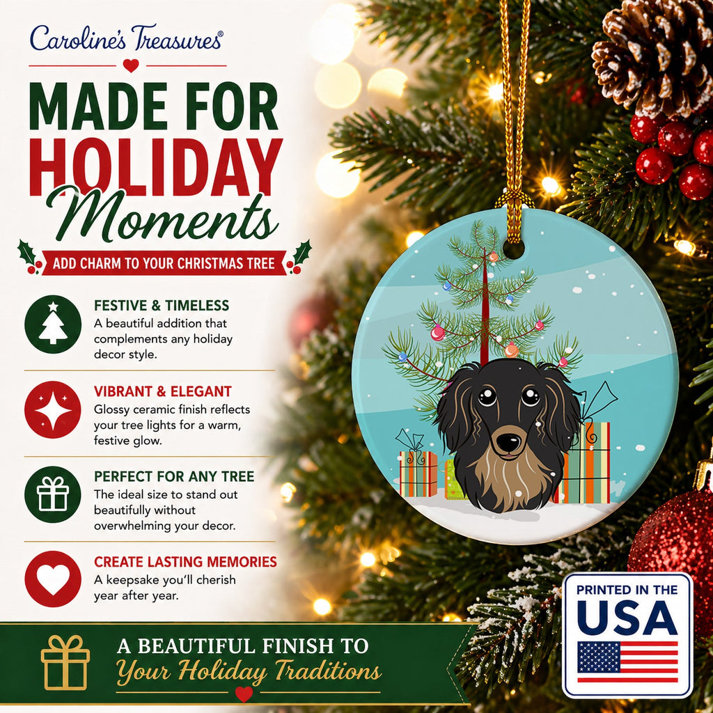 Christmas Tree and Longhair Black and Tan Dachshund Ceramic Ornament Christmas Tree Hanging Decorations for Home Christmas Holiday, Party, Gift, 3 in, Multicolor