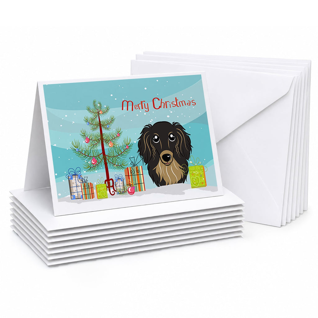 Christmas Tree and Longhair Black and Tan Dachshund Greeting Cards Pack of 8 Blank Cards with Envelopes Whimsical A7 Size 5x7