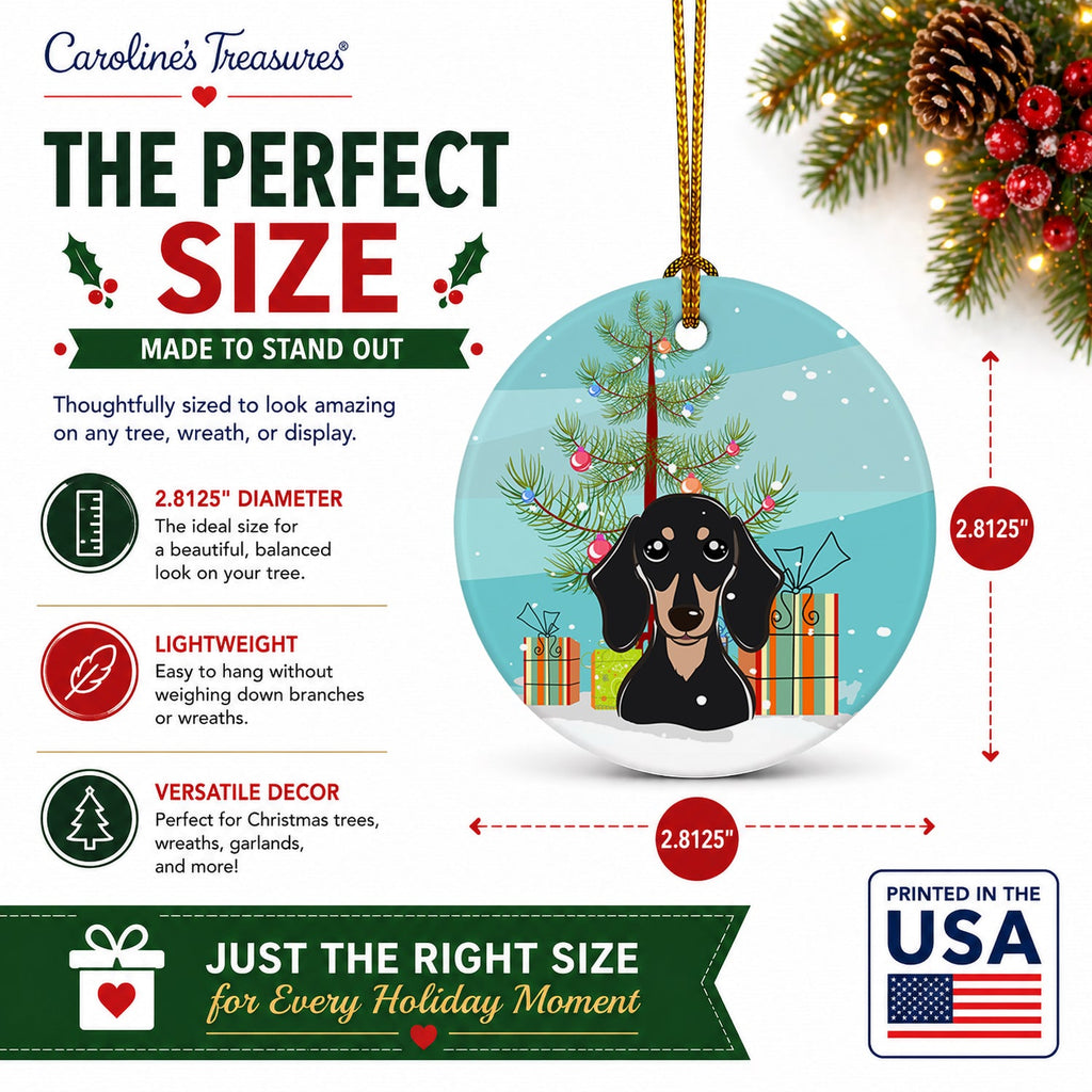 Christmas Tree and Smooth Black and Tan Dachshund Ceramic Ornament Christmas Tree Hanging Decorations for Home Christmas Holiday, Party, Gift, 3 in, Multicolor