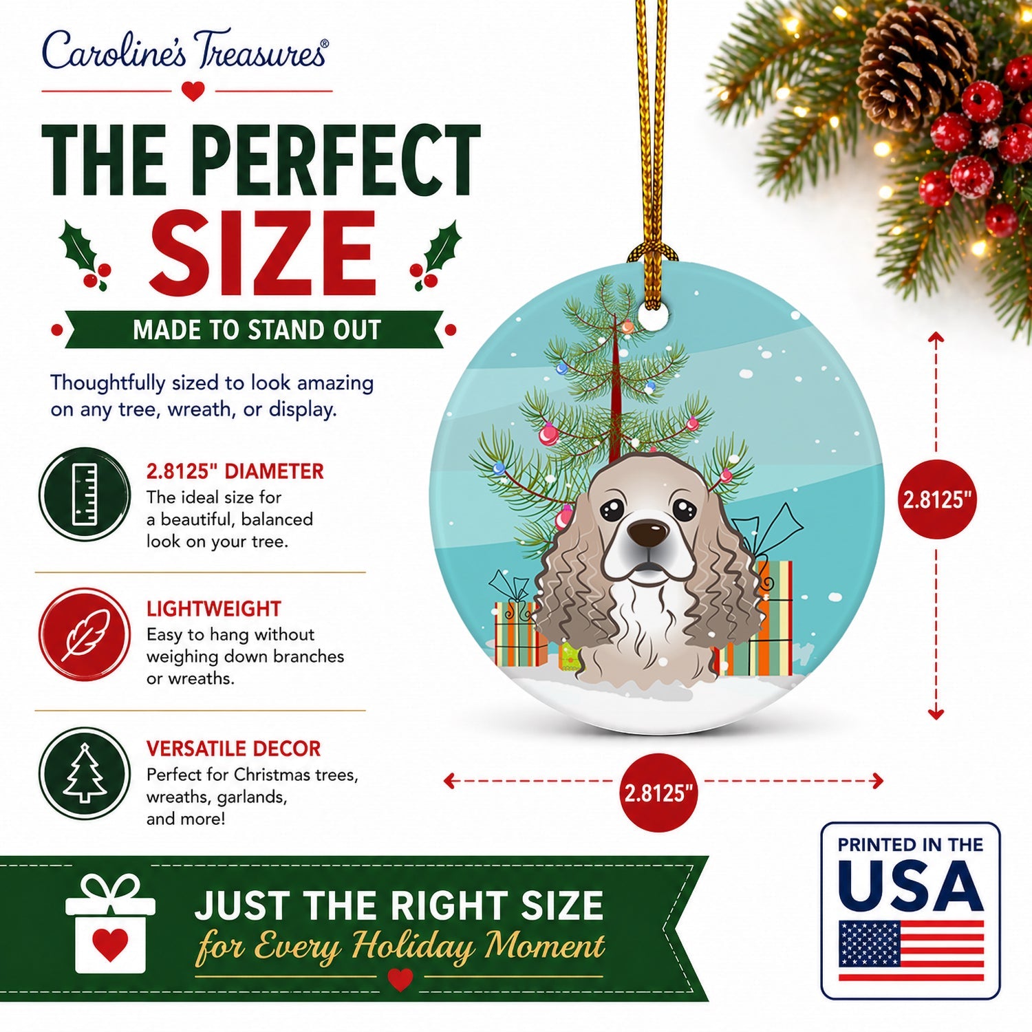 Christmas Tree and Cocker Spaniel Ceramic Ornament Christmas Tree Hanging Decorations for Home Christmas Holiday, Party, Gift, 3 in, Multicolor