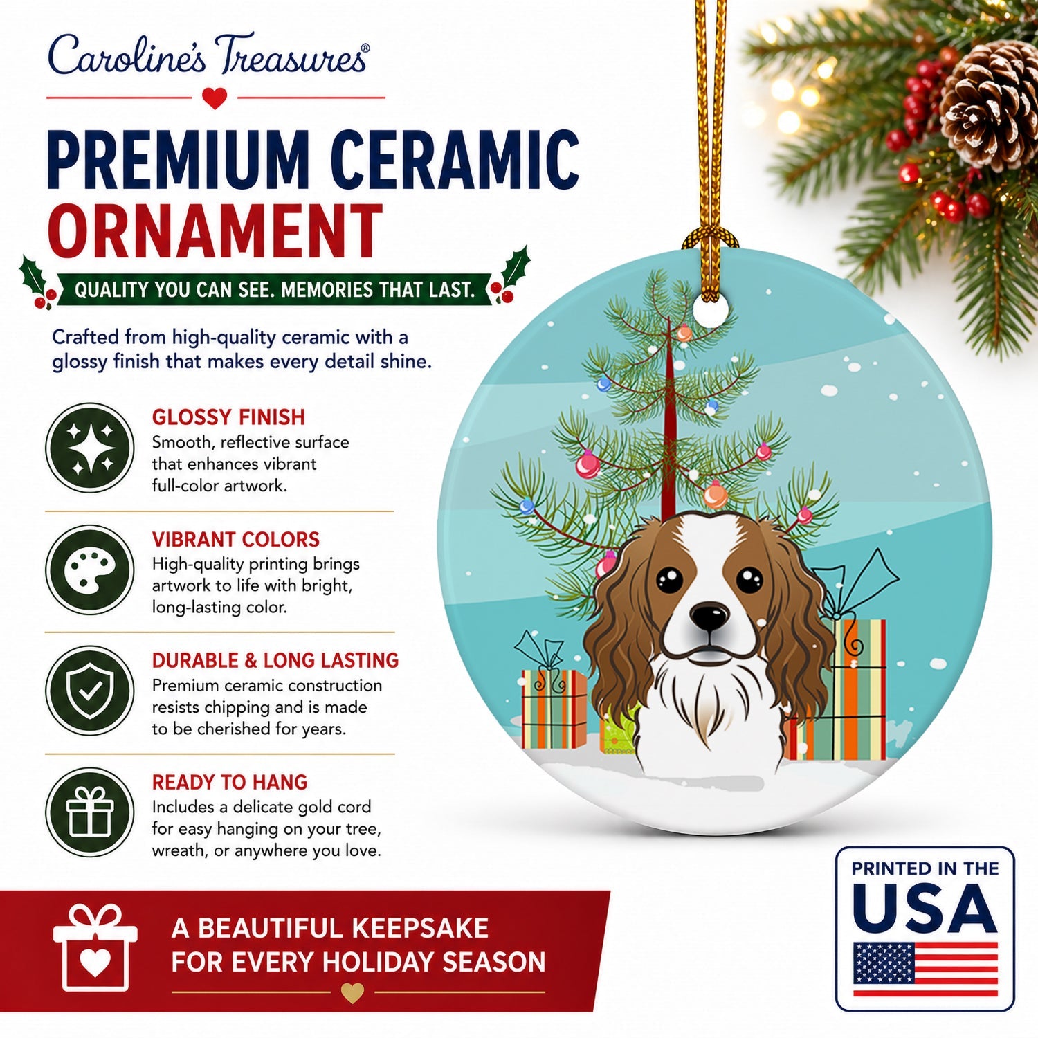 Christmas Tree and Cavalier Spaniel Ceramic Ornament Christmas Tree Hanging Decorations for Home Christmas Holiday, Party, Gift, 3 in, Multicolor