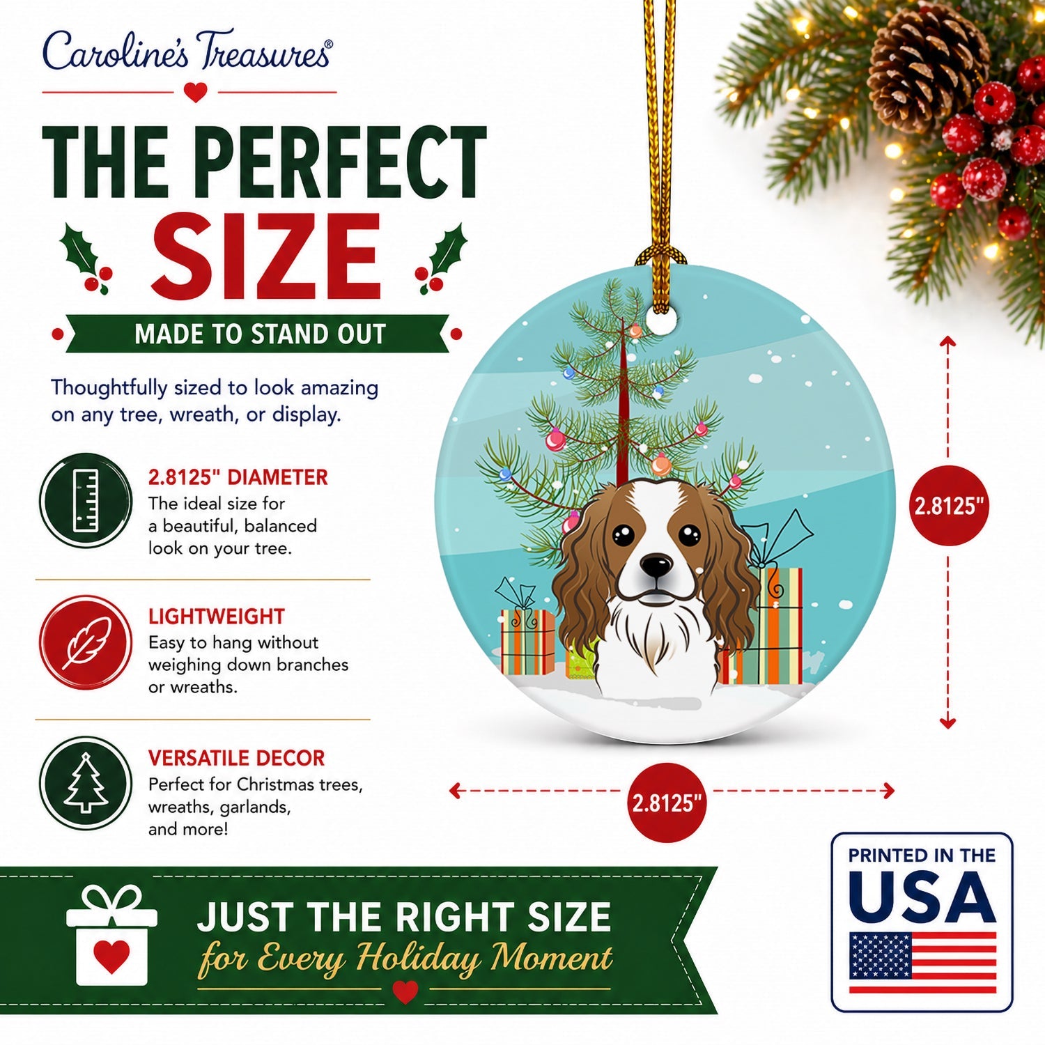 Christmas Tree and Cavalier Spaniel Ceramic Ornament Christmas Tree Hanging Decorations for Home Christmas Holiday, Party, Gift, 3 in, Multicolor