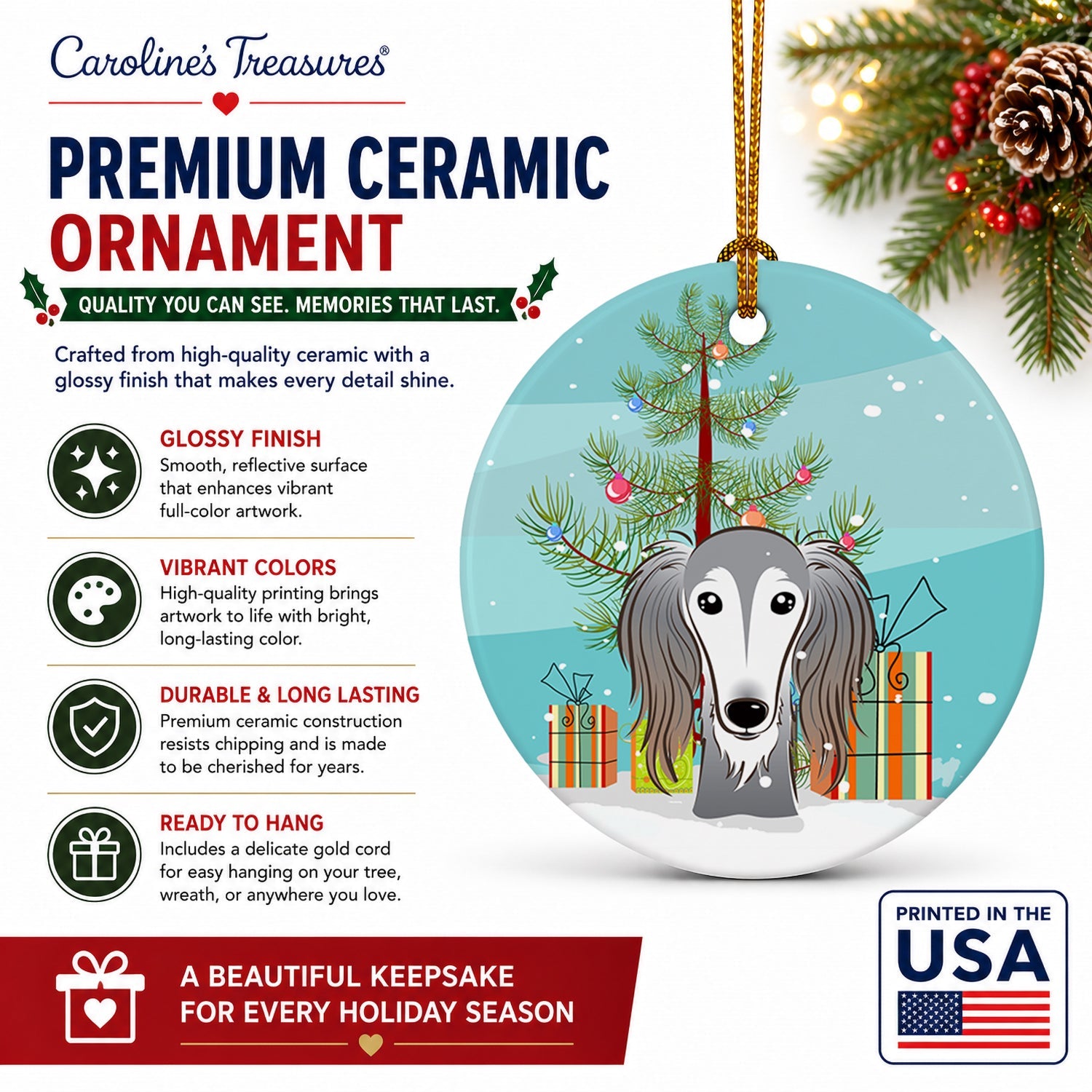 Christmas Tree and Saluki Ceramic Ornament Christmas Tree Hanging Decorations for Home Christmas Holiday, Party, Gift, 3 in, Multicolor