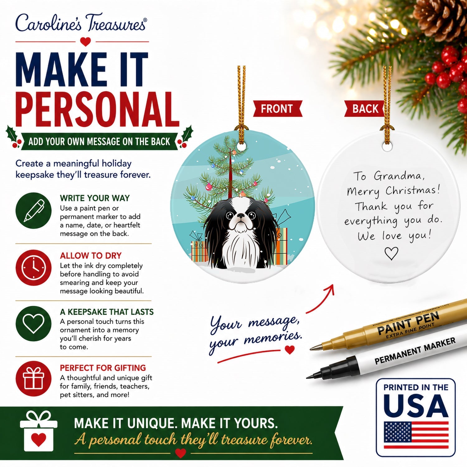 Christmas Tree and Japanese Chin Ceramic Ornament Christmas Tree Hanging Decorations for Home Christmas Holiday, Party, Gift, 3 in, Multicolor