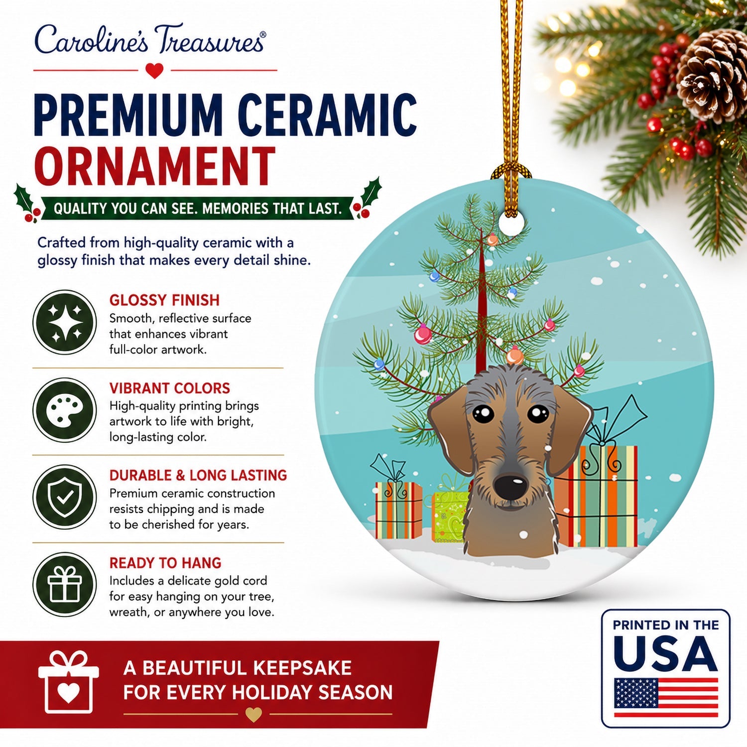 Christmas Tree and Wirehaired Dachshund Ceramic Ornament Christmas Tree Hanging Decorations for Home Christmas Holiday, Party, Gift, 3 in, Multicolor