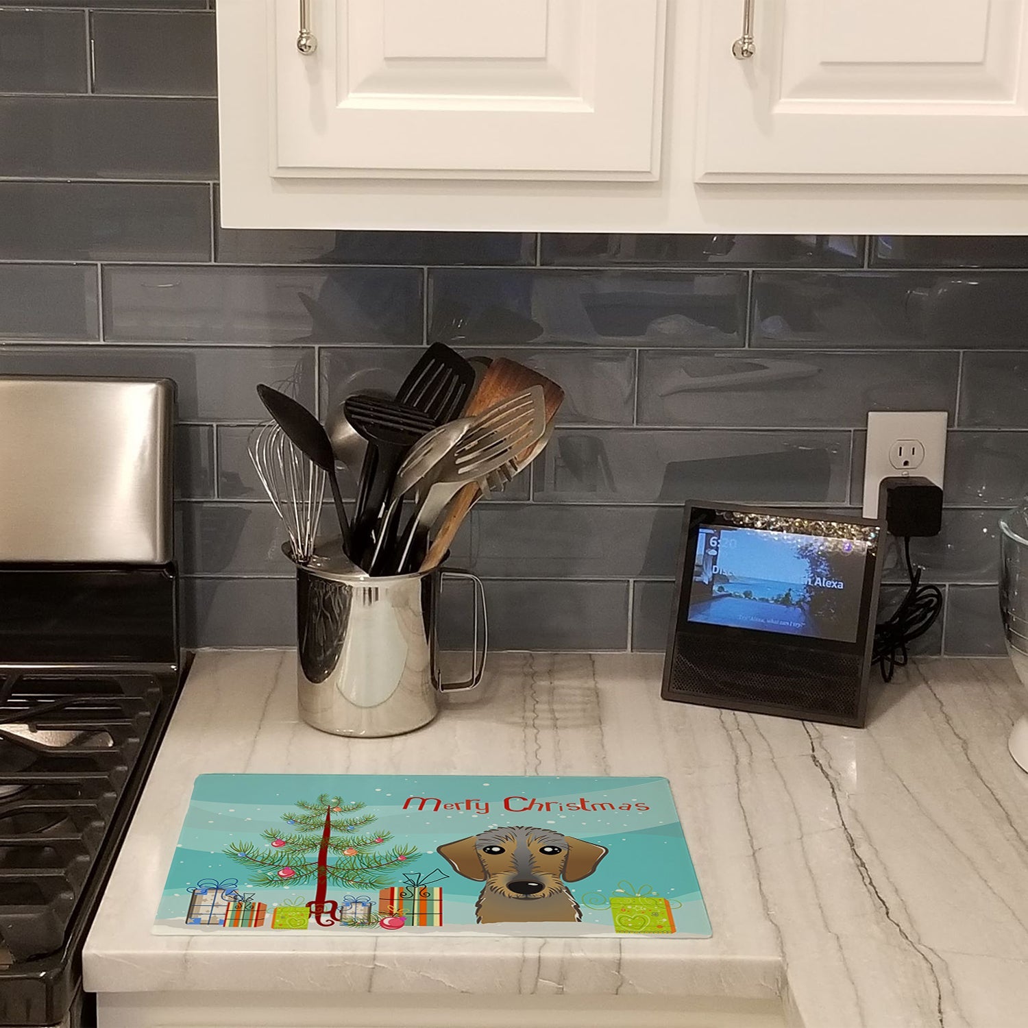 Christmas Tree and Wirehaired Dachshund Cutting Board Tempered Glass Kitchen Cutting Surface, Heat Resistant Chopping, Non-Slip Feet, Food Prep & Serving