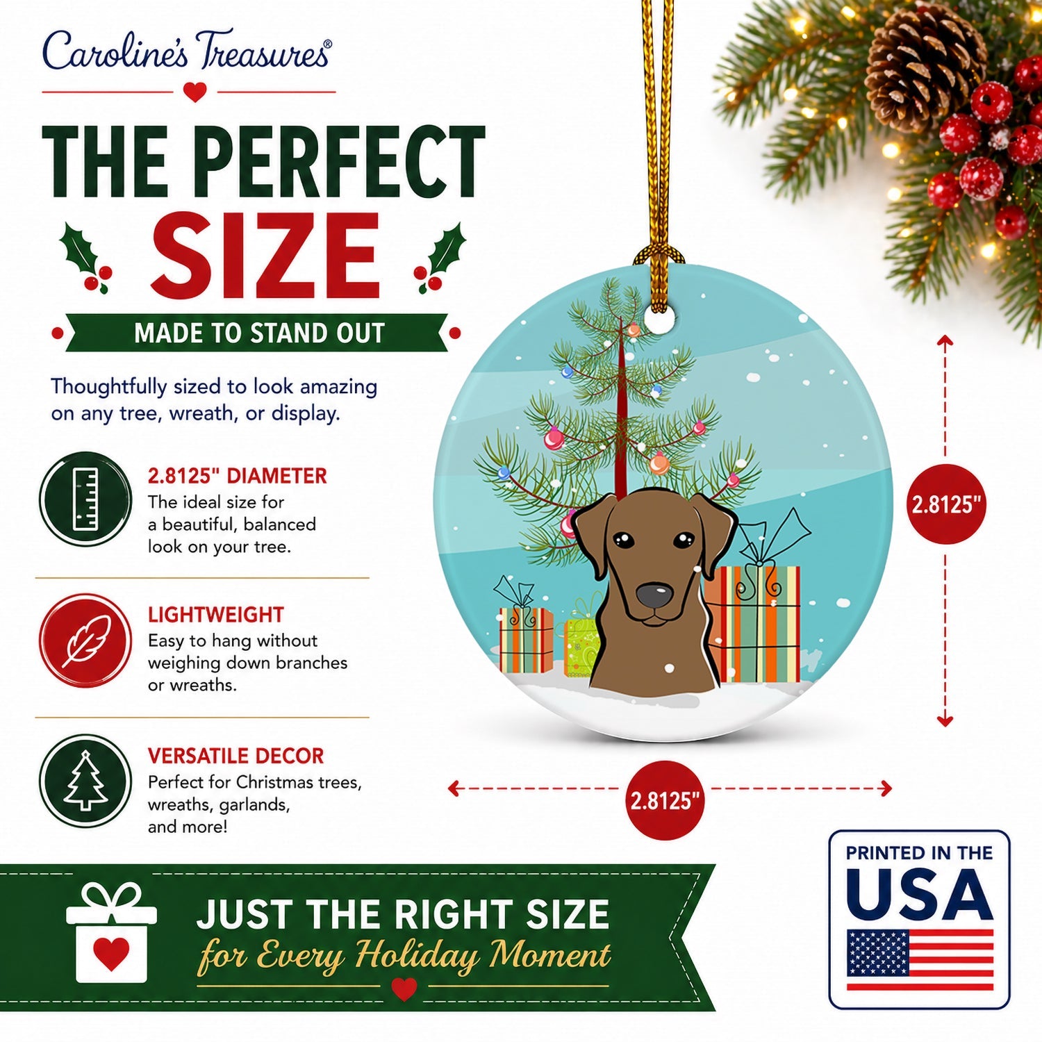 Christmas Tree and Chocolate Labrador Ceramic Ornament Christmas Tree Hanging Decorations for Home Christmas Holiday, Party, Gift, 3 in, Multicolor