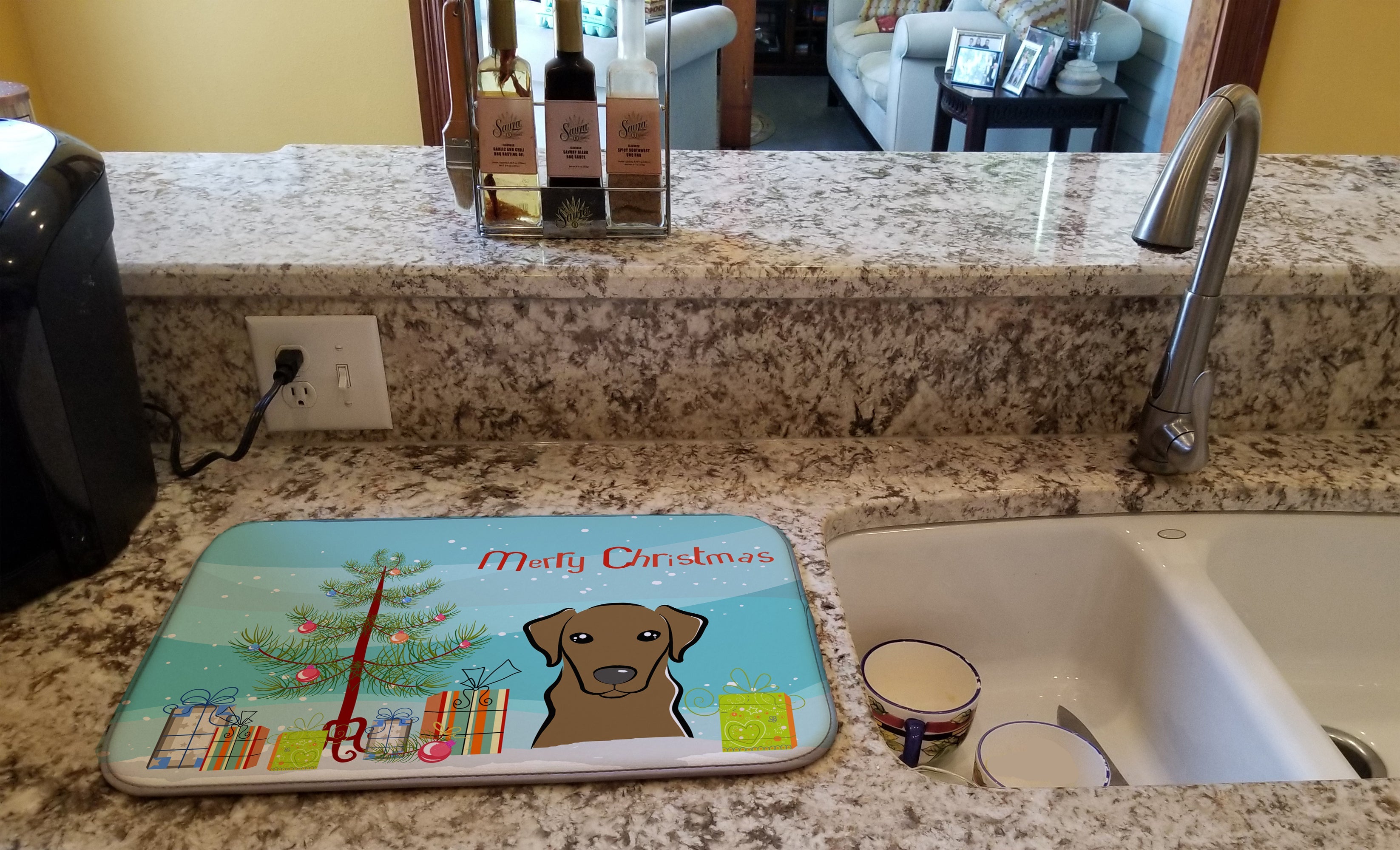 Christmas Tree and Chocolate Labrador Dish Drying Mat Absorbent Dish Drying Mat Pad for Kitchen Counter Dish Drainer Mat for Countertop, 14 x 21", Multicolor