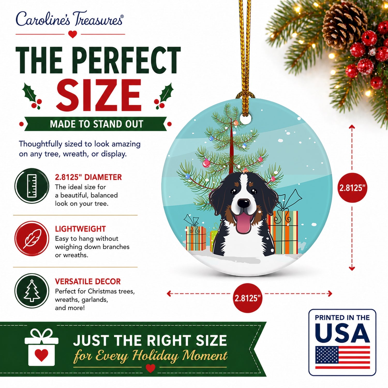 Christmas Tree and Bernese Mountain Dog Ceramic Ornament Christmas Tree Hanging Decorations for Home Christmas Holiday, Party, Gift, 3 in, Multicolor