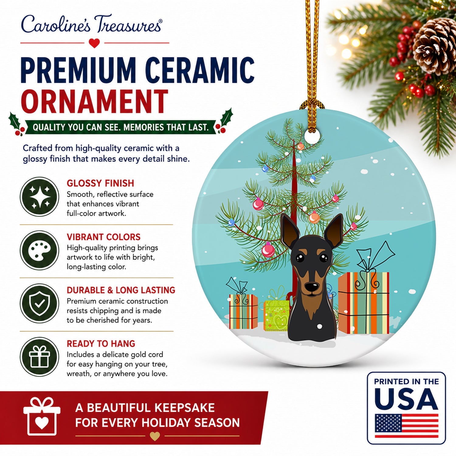 Christmas Tree and Min Pin Ceramic Ornament Christmas Tree Hanging Decorations for Home Christmas Holiday, Party, Gift, 3 in, Multicolor
