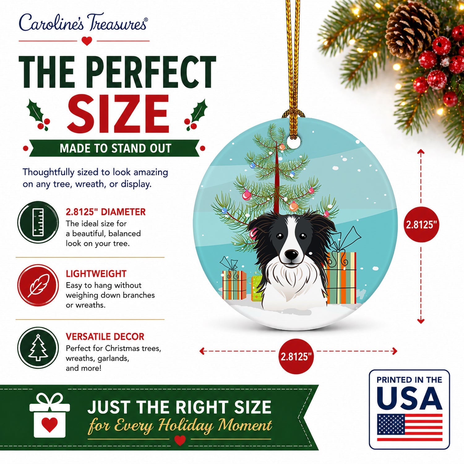 Christmas Tree and Border Collie Ceramic Ornament Christmas Tree Hanging Decorations for Home Christmas Holiday, Party, Gift, 3 in, Multicolor
