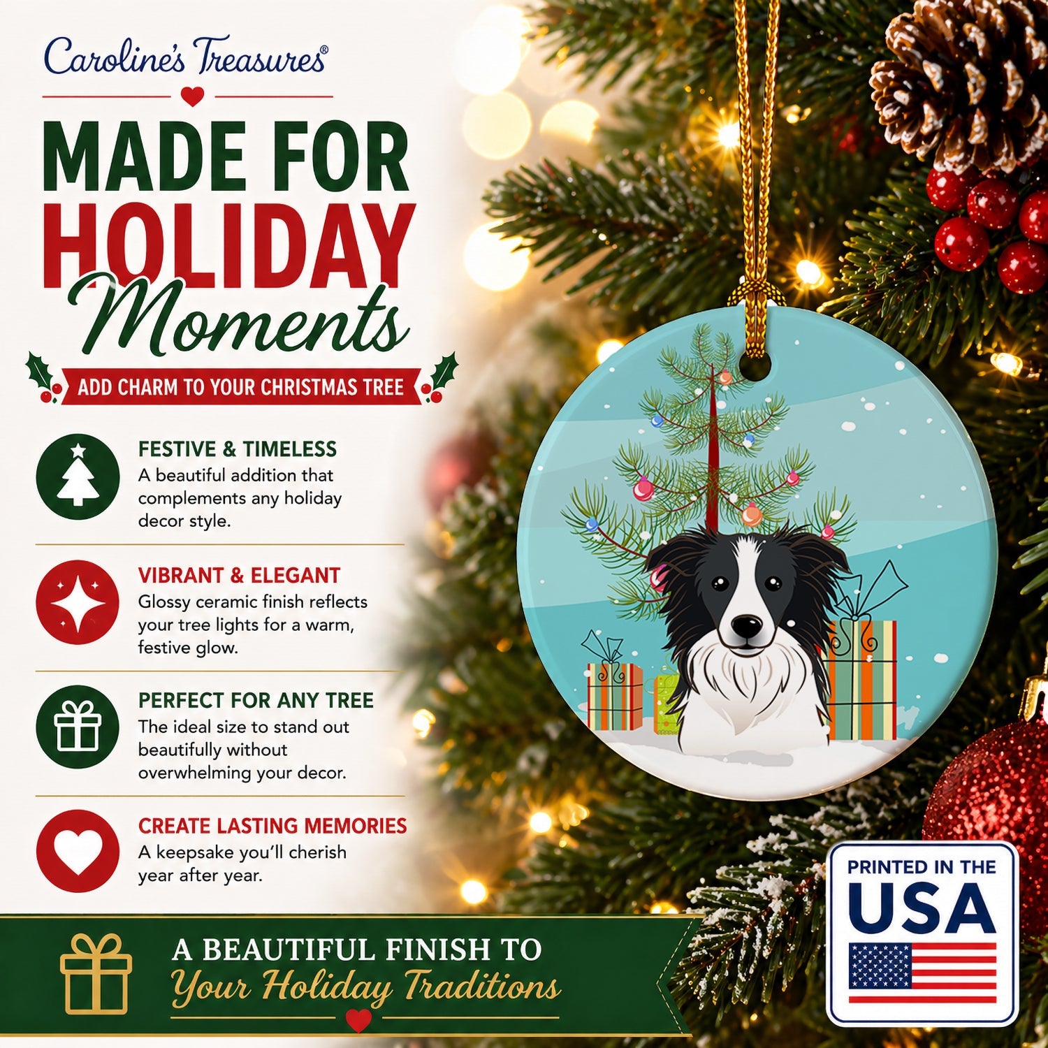 Christmas Tree and Border Collie Ceramic Ornament Christmas Tree Hanging Decorations for Home Christmas Holiday, Party, Gift, 3 in, Multicolor