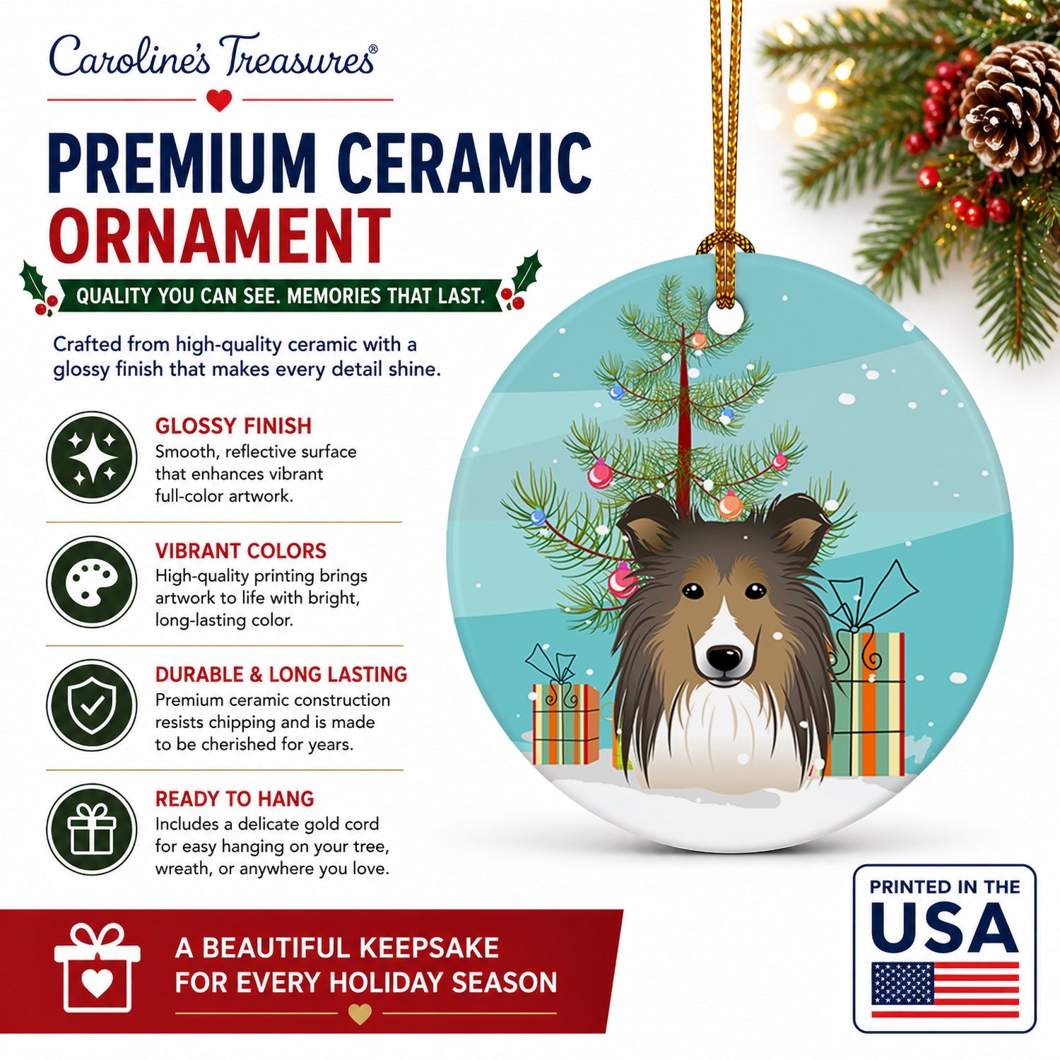 Christmas Tree and Sheltie Ceramic Ornament Christmas Tree Hanging Decorations for Home Christmas Holiday, Party, Gift, 3 in, Multicolor