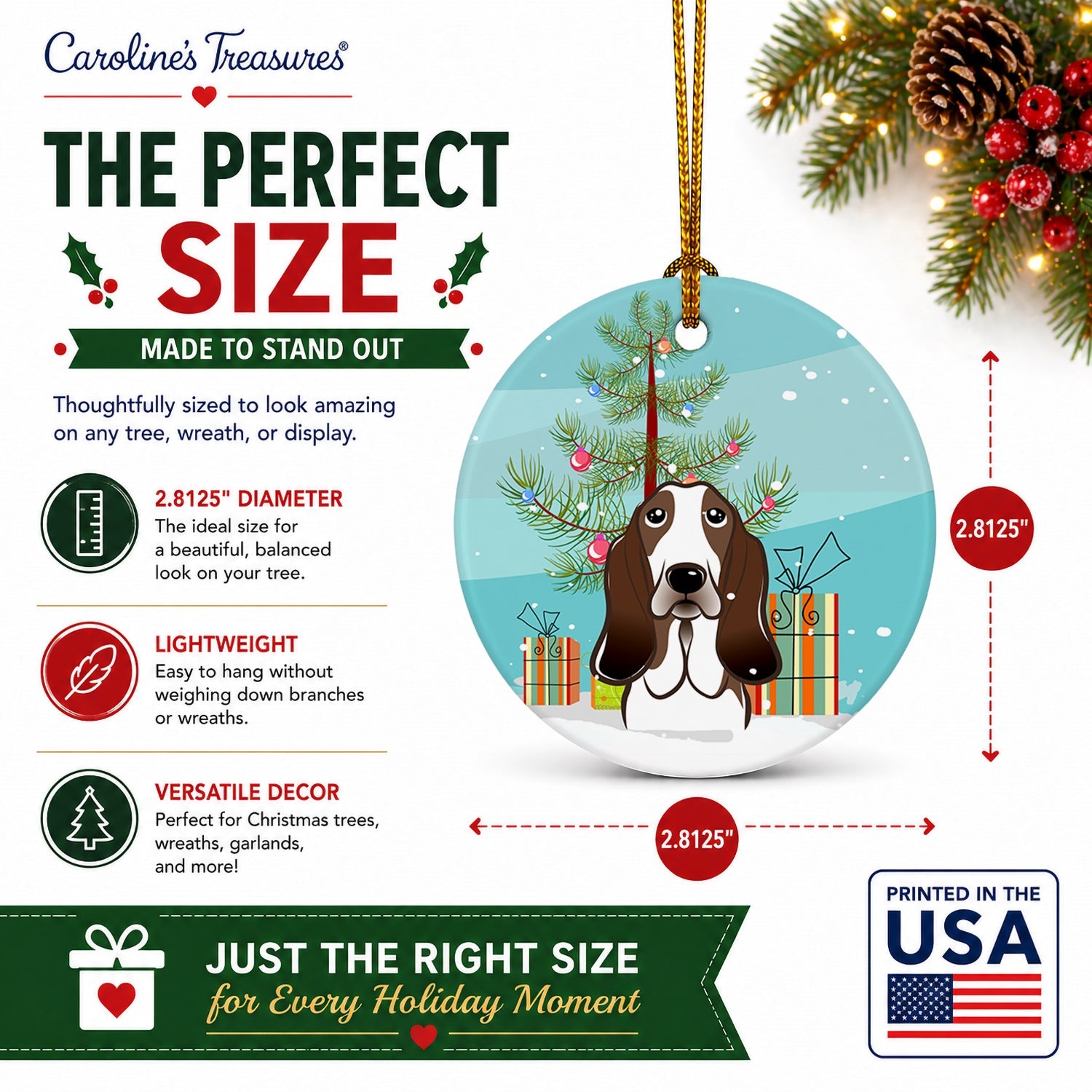 Christmas Tree and Basset Hound Ceramic Ornament Christmas Tree Hanging Decorations for Home Christmas Holiday, Party, Gift, 3 in, Multicolor