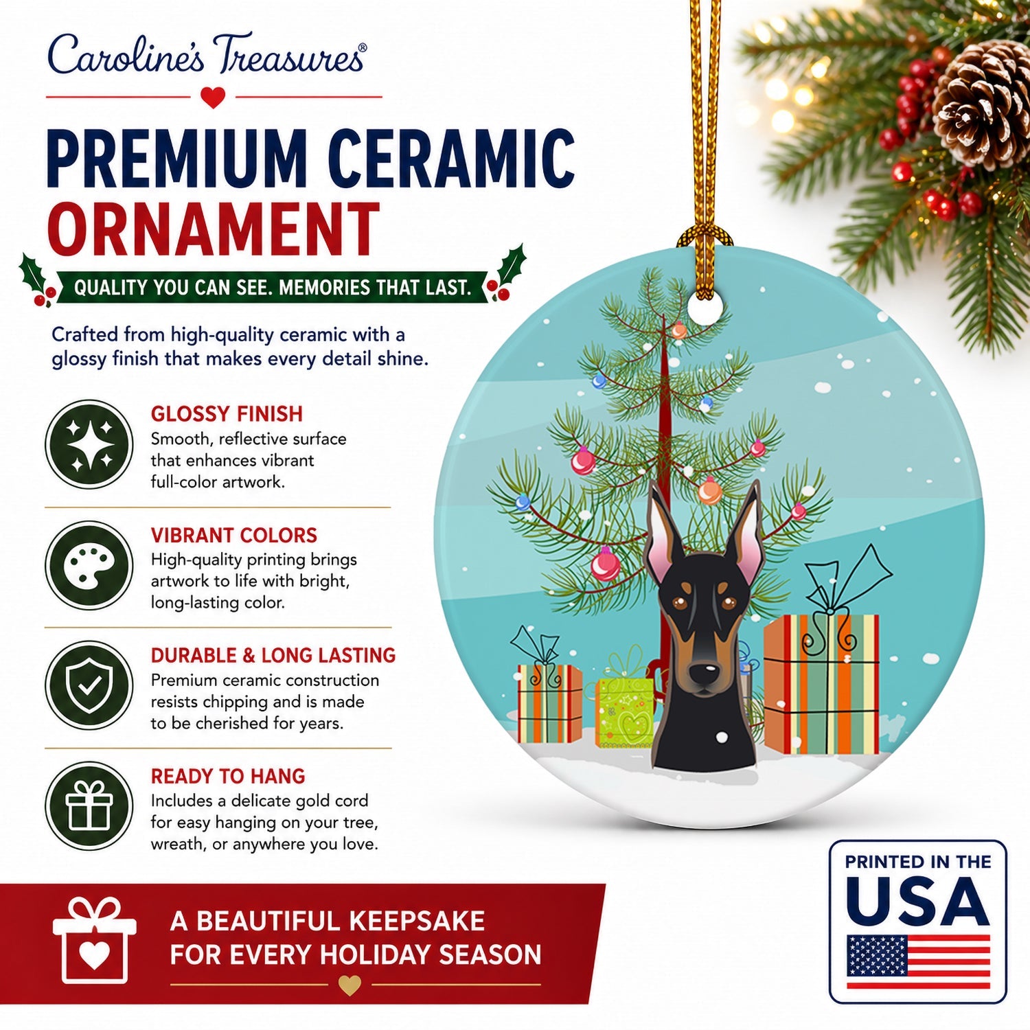 Christmas Tree and Doberman Ceramic Ornament Christmas Tree Hanging Decorations for Home Christmas Holiday, Party, Gift, 3 in, Multicolor