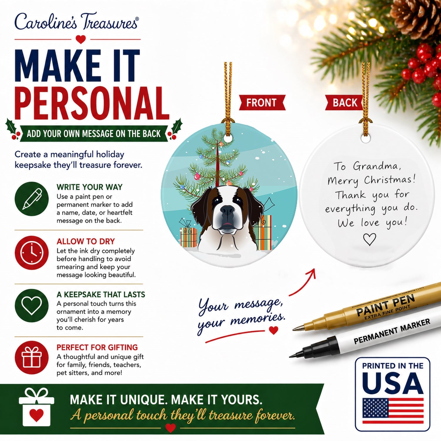 Christmas Tree and Saint Bernard Ceramic Ornament Christmas Tree Hanging Decorations for Home Christmas Holiday, Party, Gift, 3 in, Multicolor