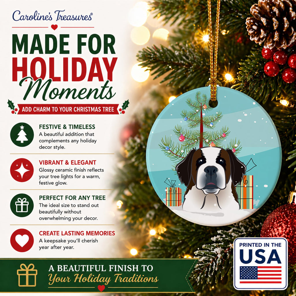 Christmas Tree and Saint Bernard Ceramic Ornament Christmas Tree Hanging Decorations for Home Christmas Holiday, Party, Gift, 3 in, Multicolor