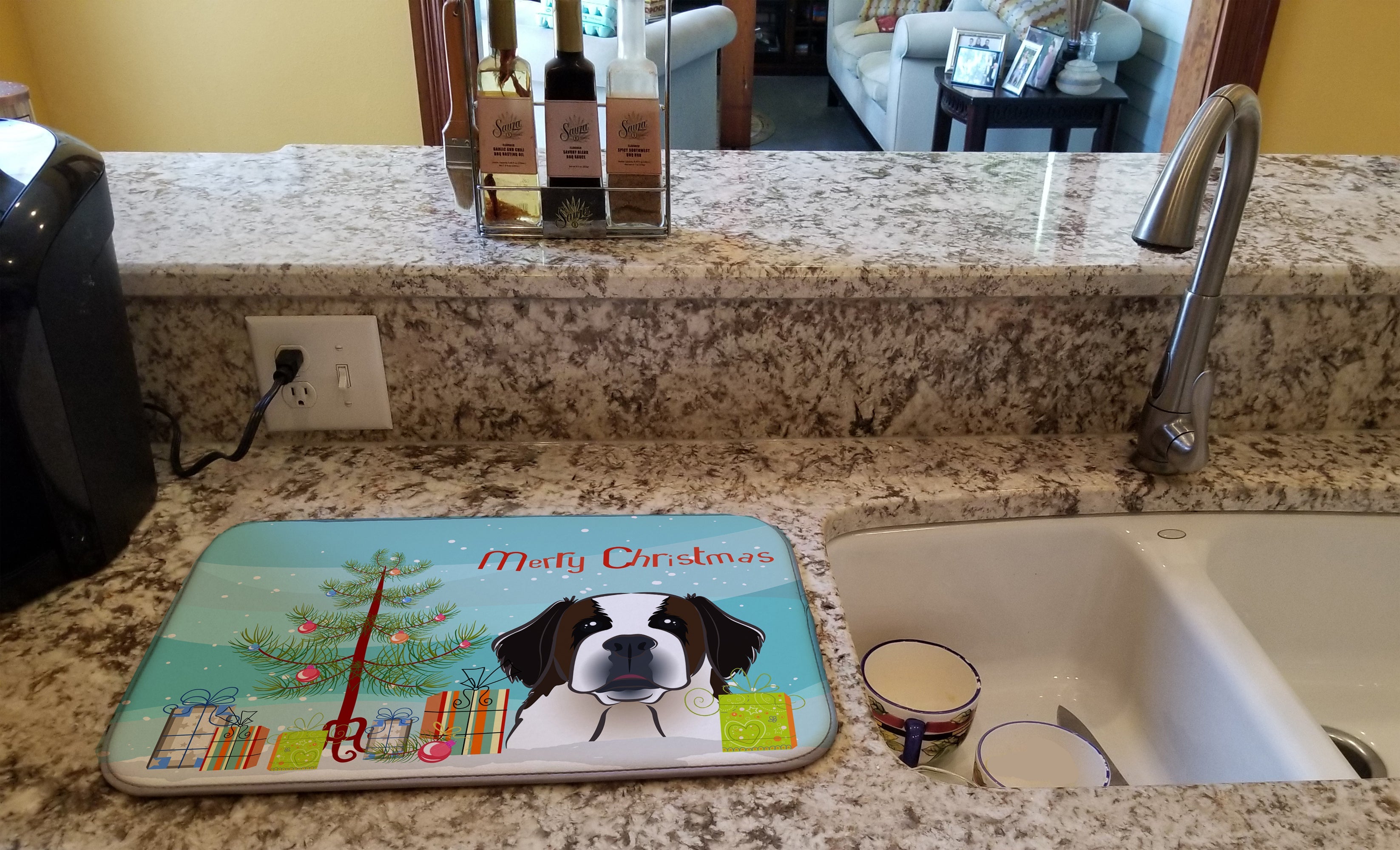 Christmas Tree and Saint Bernard Dish Drying Mat Absorbent Dish Drying Mat Pad for Kitchen Counter Dish Drainer Mat for Countertop, 14 x 21", Multicolor