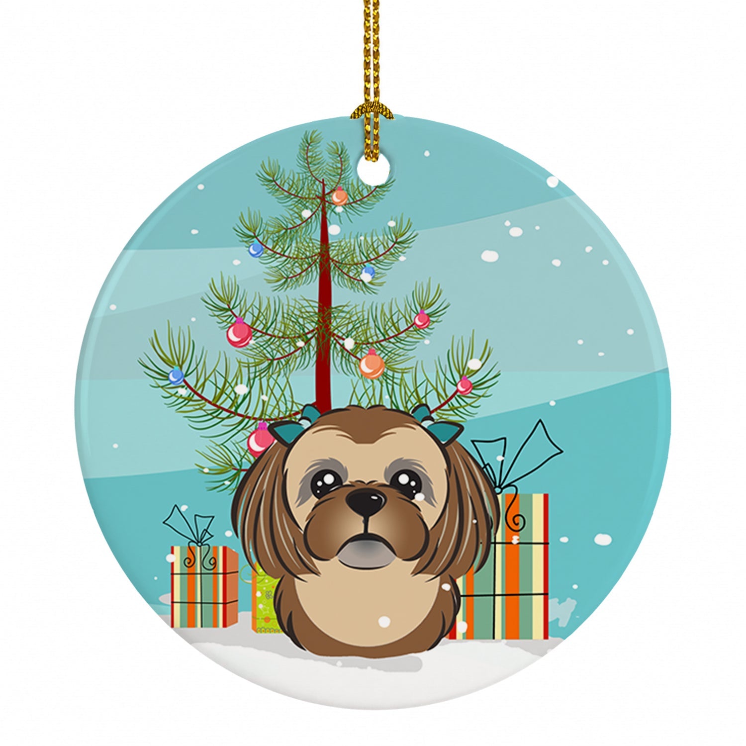 Christmas Tree and Chocolate Brown Shih Tzu Ceramic Ornament Christmas Tree Hanging Decorations for Home Christmas Holiday, Party, Gift, 3 in, Multicolor
