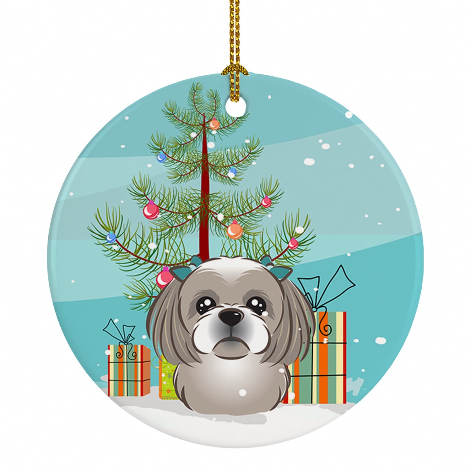 Christmas Tree and Gray Silver Shih Tzu Ceramic Ornament Christmas Tree Hanging Decorations for Home Christmas Holiday, Party, Gift, 3 in, Multicolor