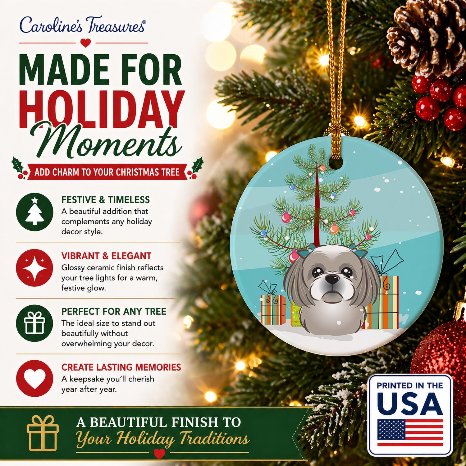 Christmas Tree and Gray Silver Shih Tzu Ceramic Ornament Christmas Tree Hanging Decorations for Home Christmas Holiday, Party, Gift, 3 in, Multicolor