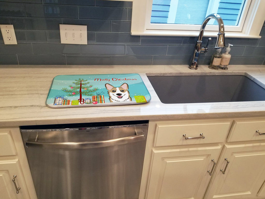 Christmas Tree and Sable Corgi Dish Drying Mat Absorbent Dish Drying Mat Pad for Kitchen Counter Dish Drainer Mat for Countertop, 14 x 21", Multicolor