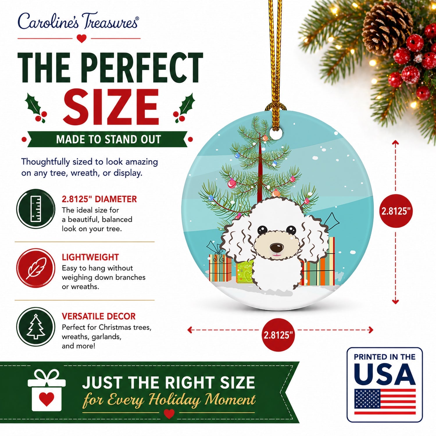 Christmas Tree and White Poodle Ceramic Ornament Christmas Tree Hanging Decorations for Home Christmas Holiday, Party, Gift, 3 in, Multicolor