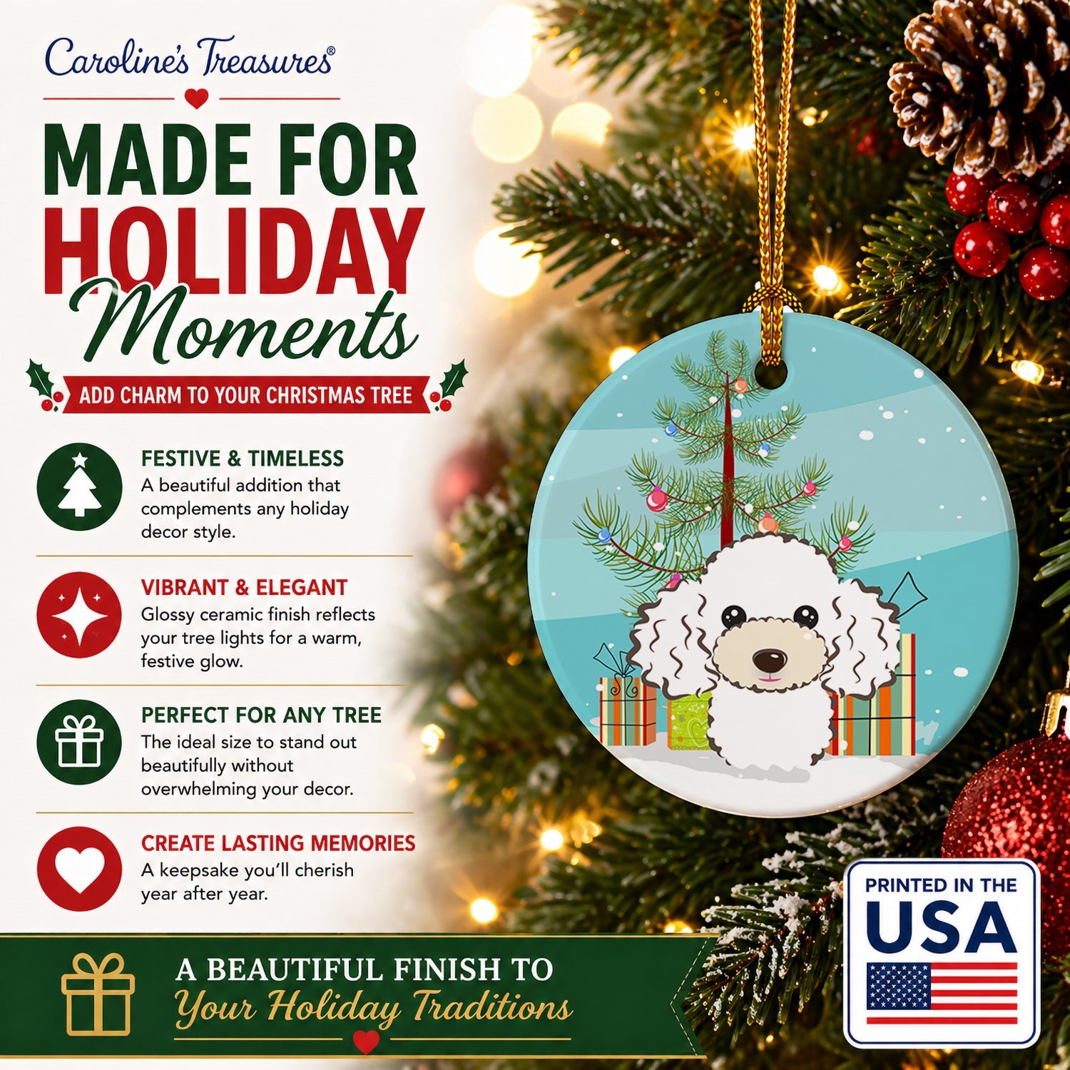 Christmas Tree and White Poodle Ceramic Ornament Christmas Tree Hanging Decorations for Home Christmas Holiday, Party, Gift, 3 in, Multicolor