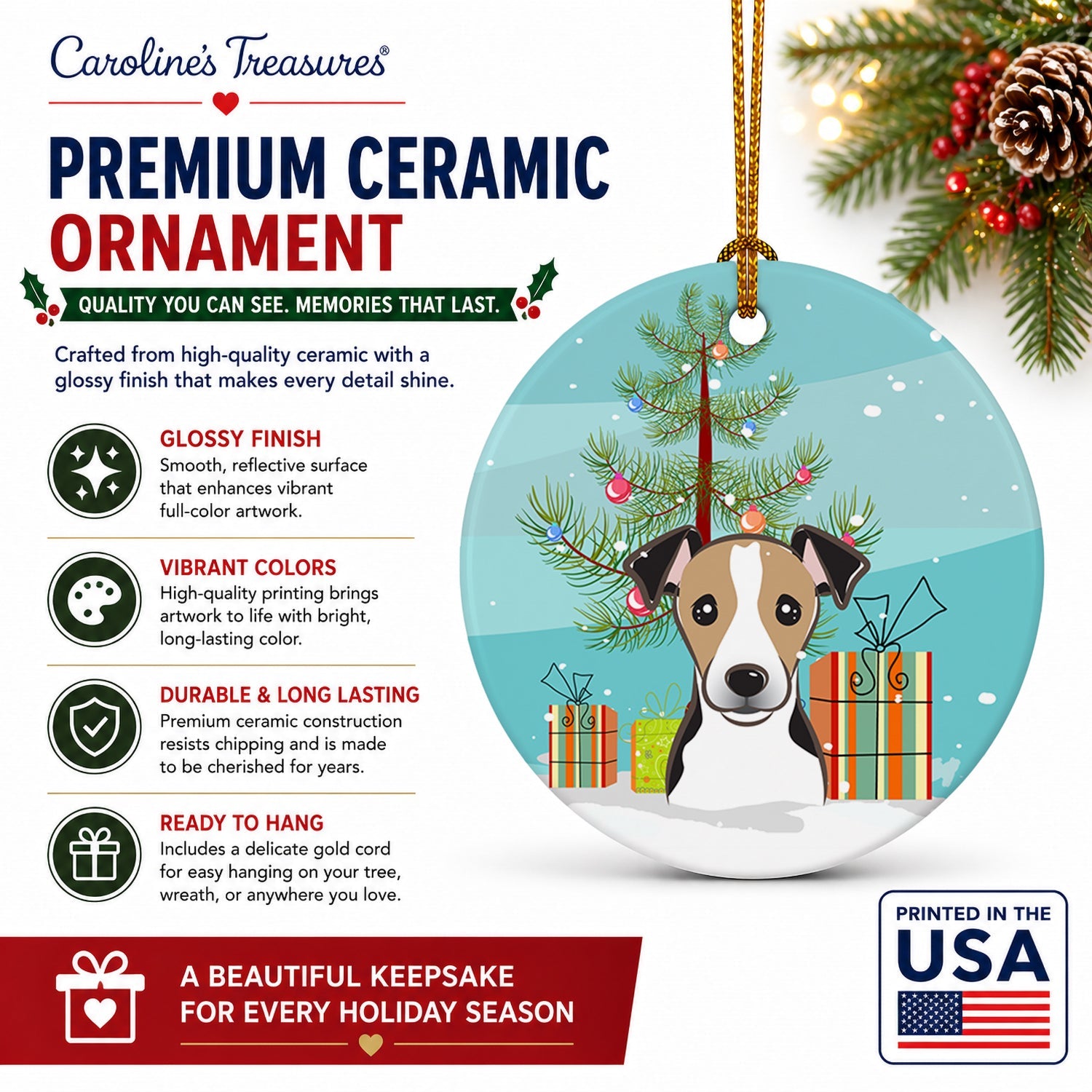 Christmas Tree and Jack Russell Terrier Ceramic Ornament Christmas Tree Hanging Decorations for Home Christmas Holiday, Party, Gift, 3 in, Multicolor