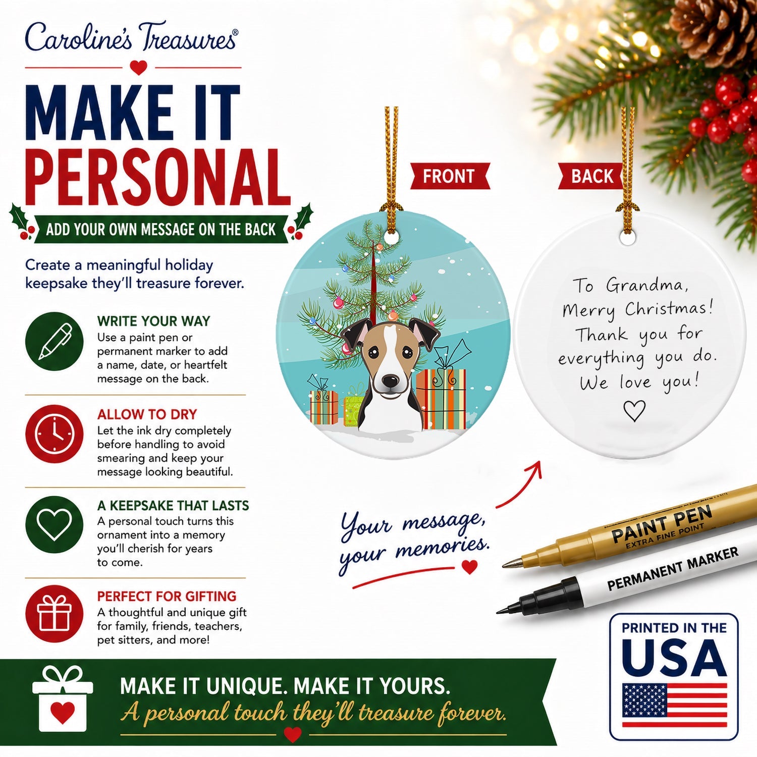 Christmas Tree and Jack Russell Terrier Ceramic Ornament Christmas Tree Hanging Decorations for Home Christmas Holiday, Party, Gift, 3 in, Multicolor