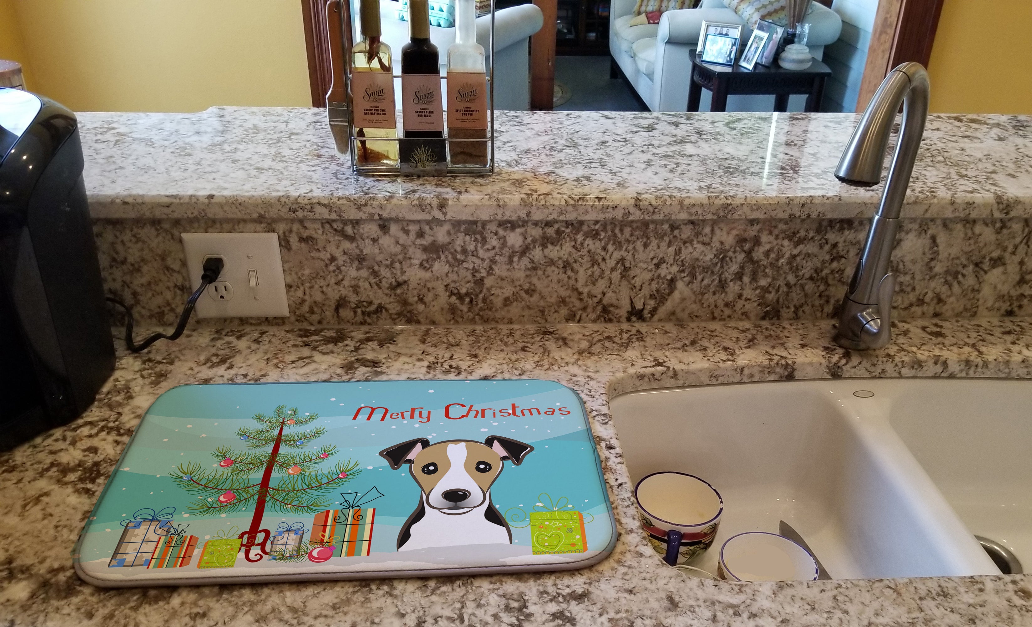 Christmas Tree and Jack Russell Terrier Dish Drying Mat Absorbent Dish Drying Mat Pad for Kitchen Counter Dish Drainer Mat for Countertop, 14 x 21", Multicolor