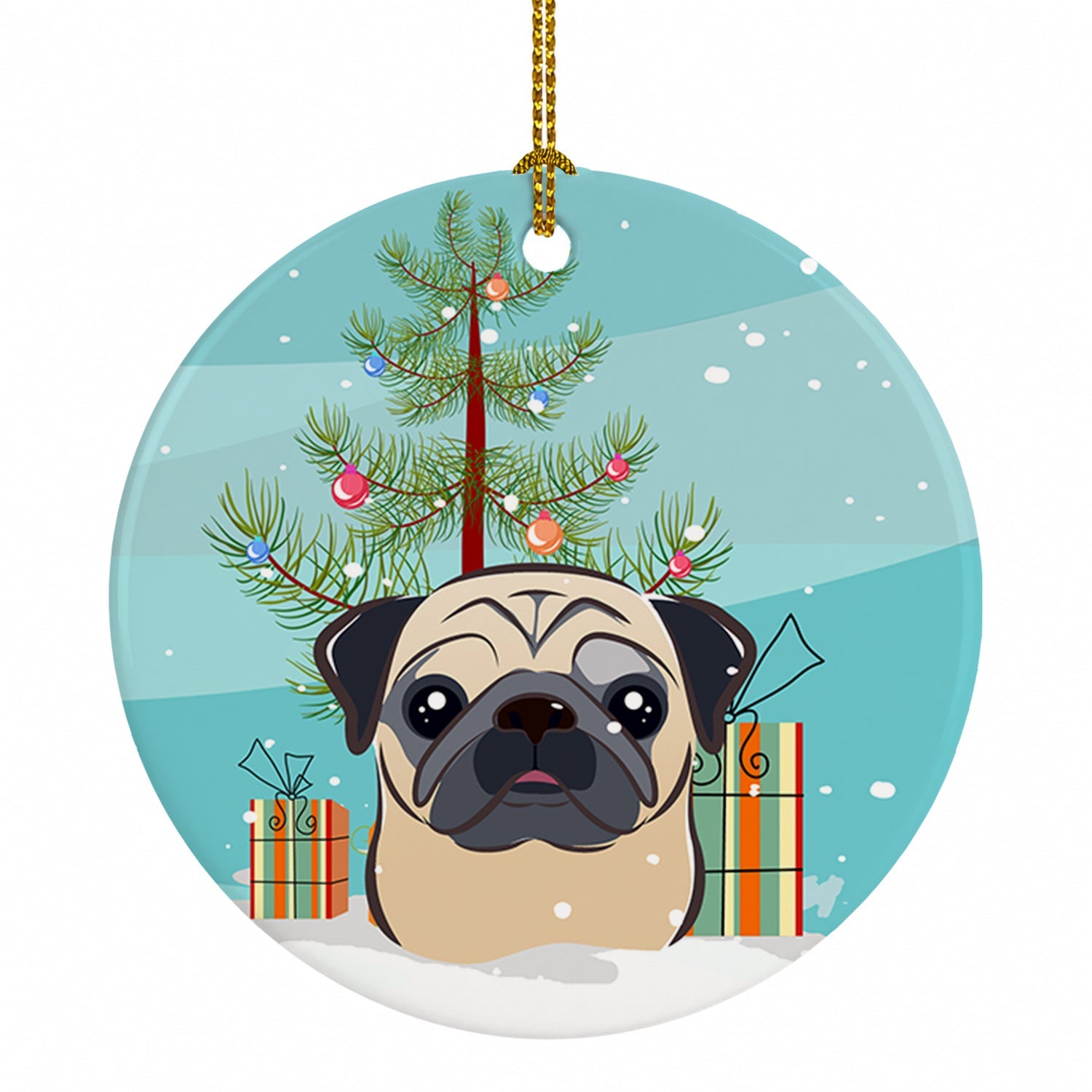 Christmas Tree and Fawn Pug Ceramic Ornament Christmas Tree Hanging Decorations for Home Christmas Holiday, Party, Gift, 3 in, Multicolor