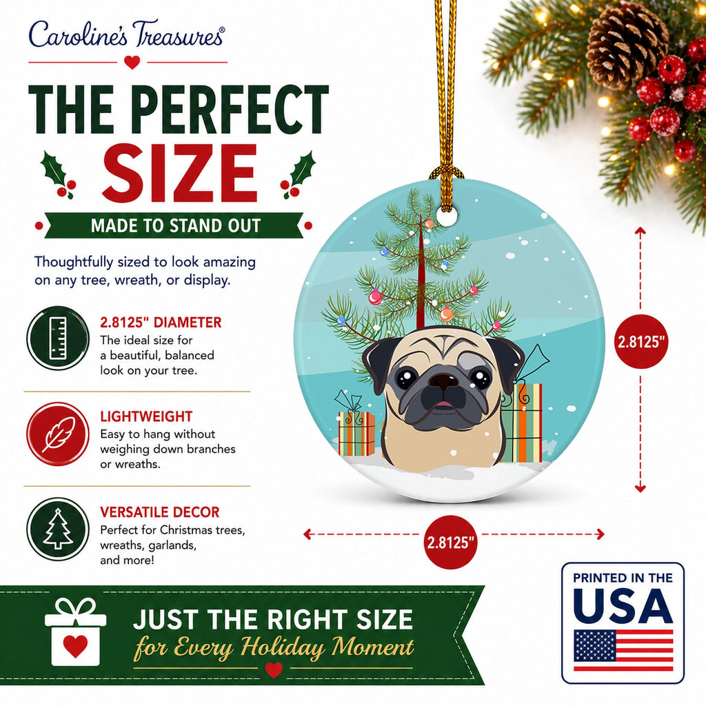 Christmas Tree and Fawn Pug Ceramic Ornament Christmas Tree Hanging Decorations for Home Christmas Holiday, Party, Gift, 3 in, Multicolor