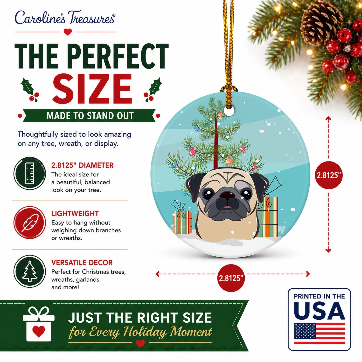 Christmas Tree and Fawn Pug Ceramic Ornament Christmas Tree Hanging Decorations for Home Christmas Holiday, Party, Gift, 3 in, Multicolor