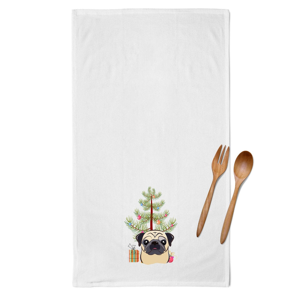 Christmas Tree and Fawn Pug Kitchen Towel Set of 2 White Dish Towels Decorative Bathroom Hand towel for Hand, Face, Hair, Yoga, Tea, Dishcloth, 19 X 28", White