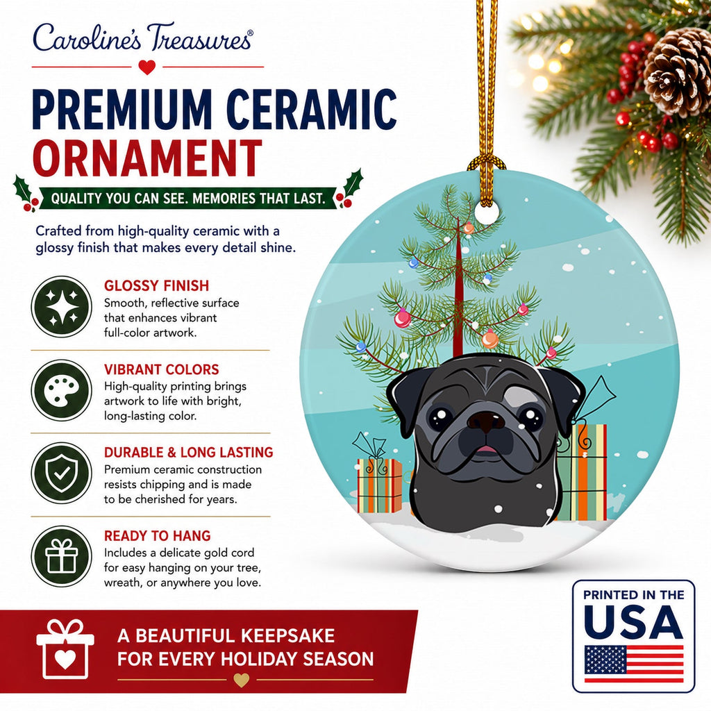 Christmas Tree and Black Pug Ceramic Ornament Christmas Tree Hanging Decorations for Home Christmas Holiday, Party, Gift, 3 in, Multicolor