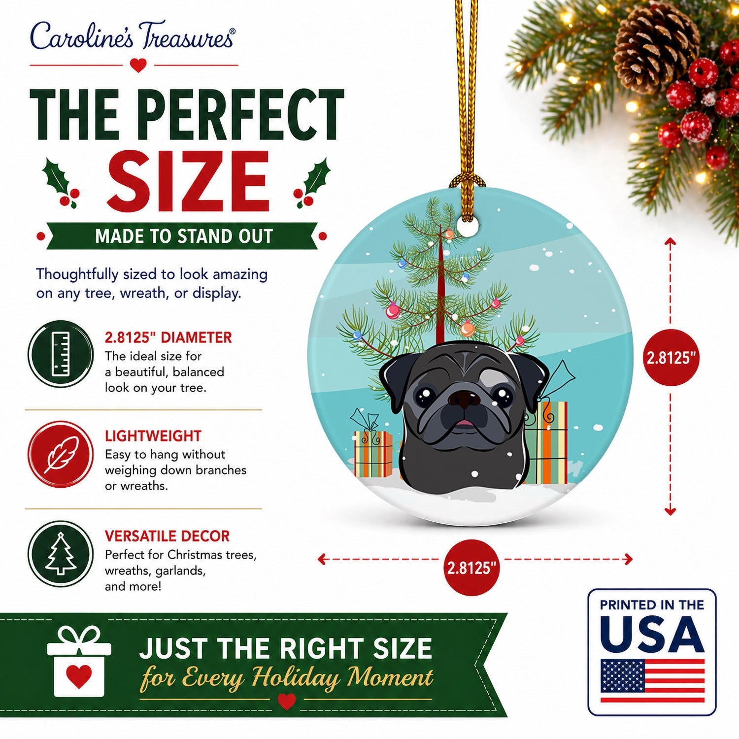 Christmas Tree and Black Pug Ceramic Ornament Christmas Tree Hanging Decorations for Home Christmas Holiday, Party, Gift, 3 in, Multicolor