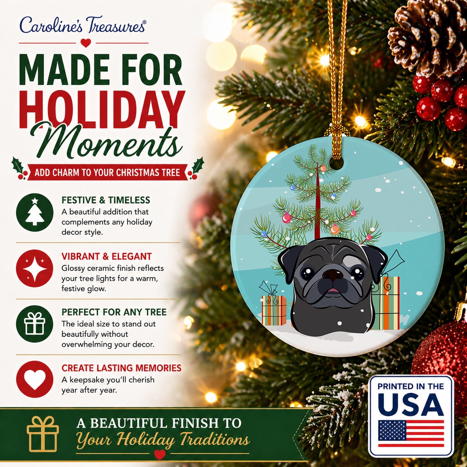 Christmas Tree and Black Pug Ceramic Ornament Christmas Tree Hanging Decorations for Home Christmas Holiday, Party, Gift, 3 in, Multicolor