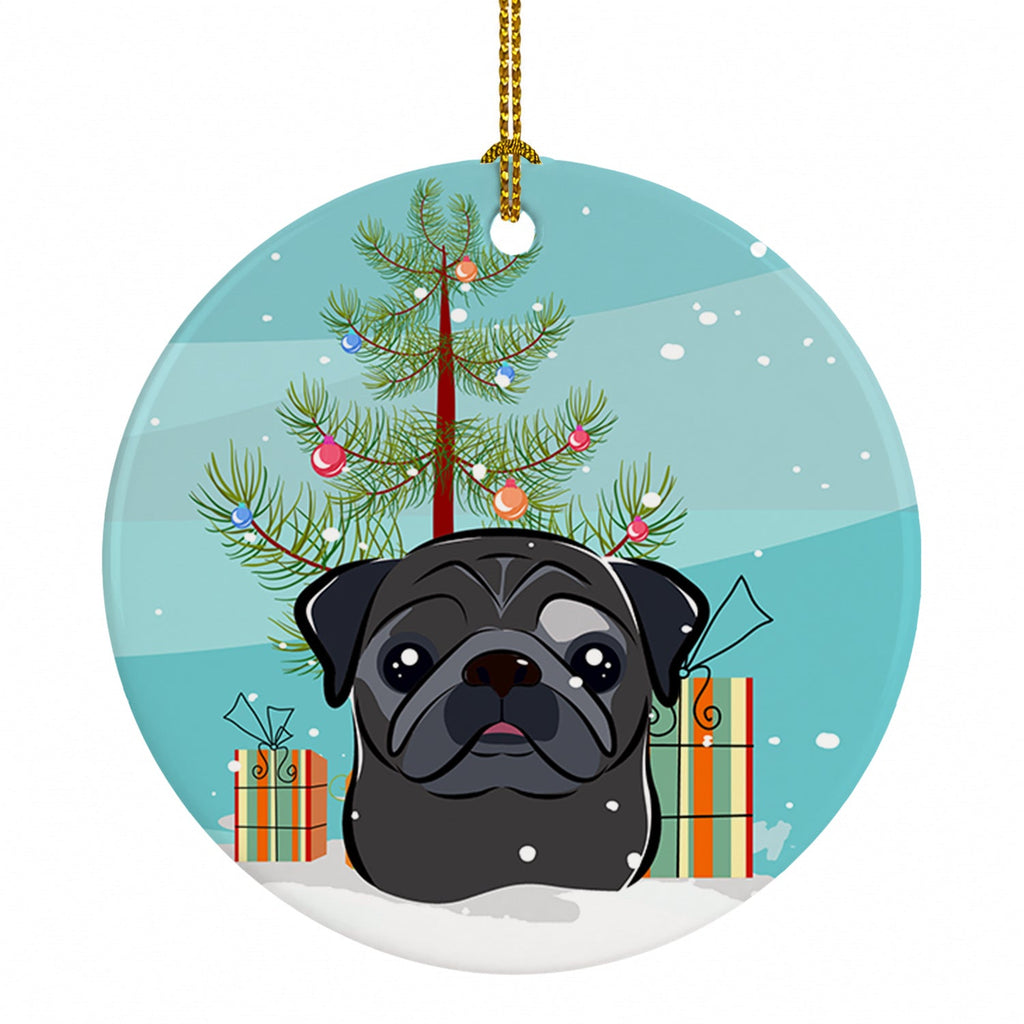 Christmas Tree and Black Pug Ceramic Ornament Christmas Tree Hanging Decorations for Home Christmas Holiday, Party, Gift, 3 in, Multicolor