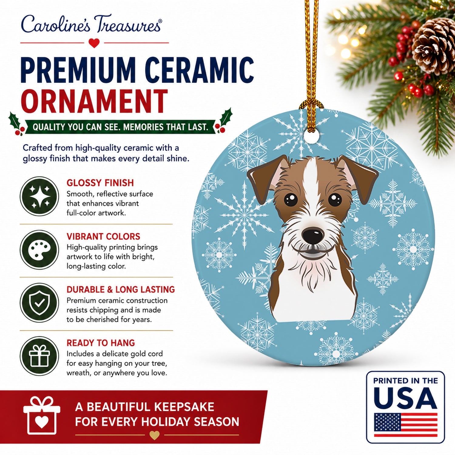 Snowflake Jack Russell Terrier Ceramic Ornament Christmas Tree Hanging Decorations for Home Christmas Holiday, Party, Gift, 3 in, Multicolor