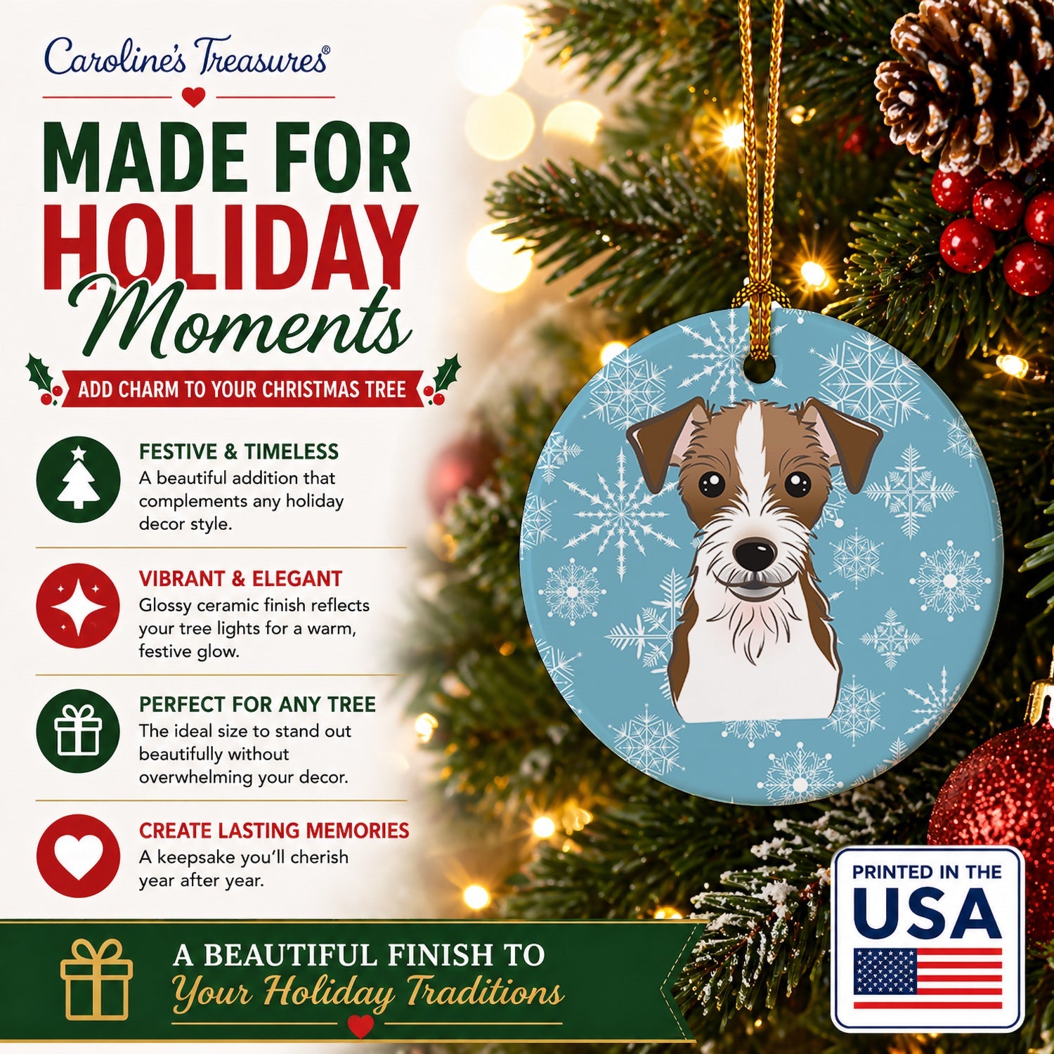 Snowflake Jack Russell Terrier Ceramic Ornament Christmas Tree Hanging Decorations for Home Christmas Holiday, Party, Gift, 3 in, Multicolor