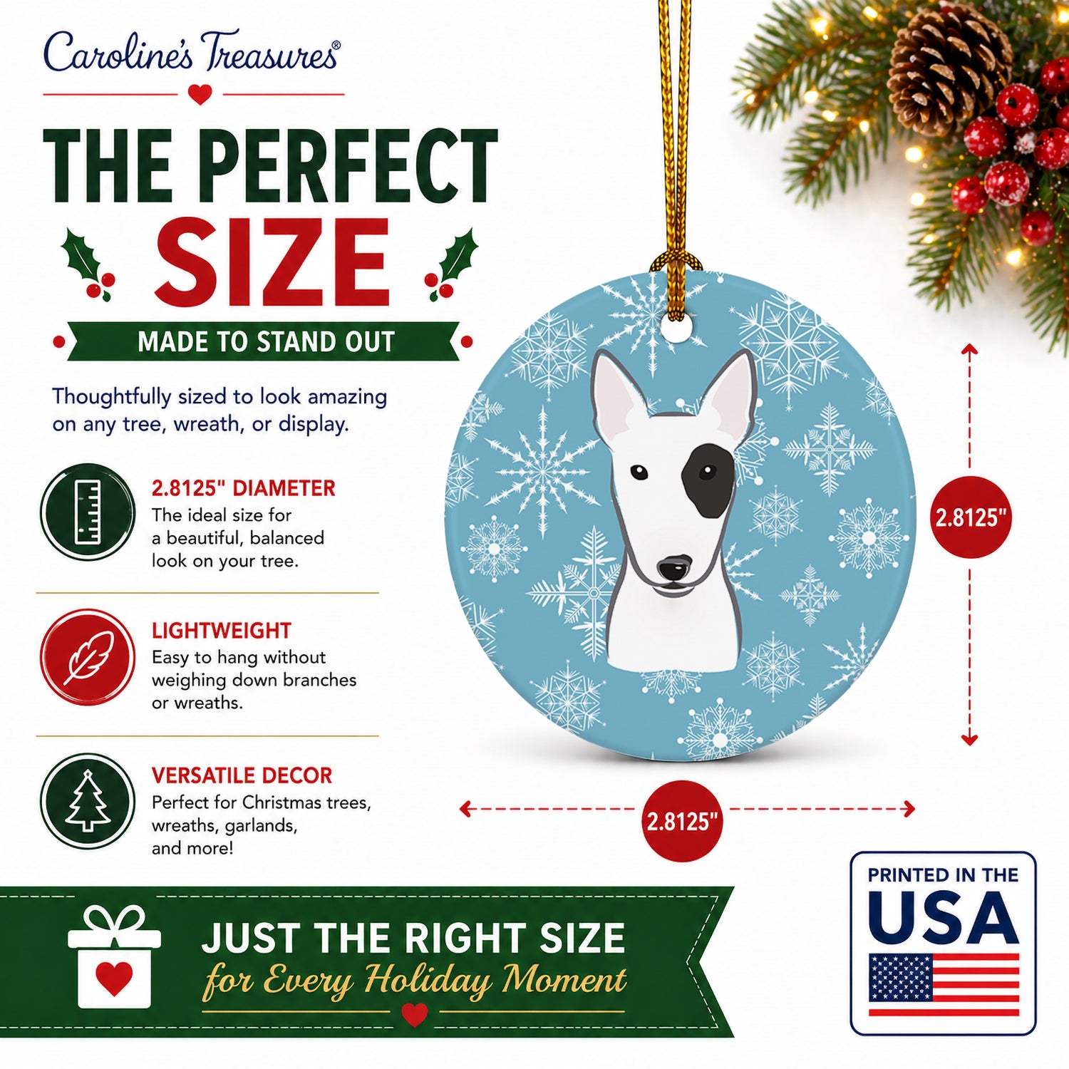 Snowflake Bull Terrier Ceramic Ornament Christmas Tree Hanging Decorations for Home Christmas Holiday, Party, Gift, 3 in, Multicolor