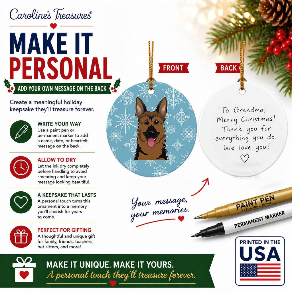 Snowflake German Shepherd Ceramic Ornament Christmas Tree Hanging Decorations for Home Christmas Holiday, Party, Gift, 3 in, Multicolor