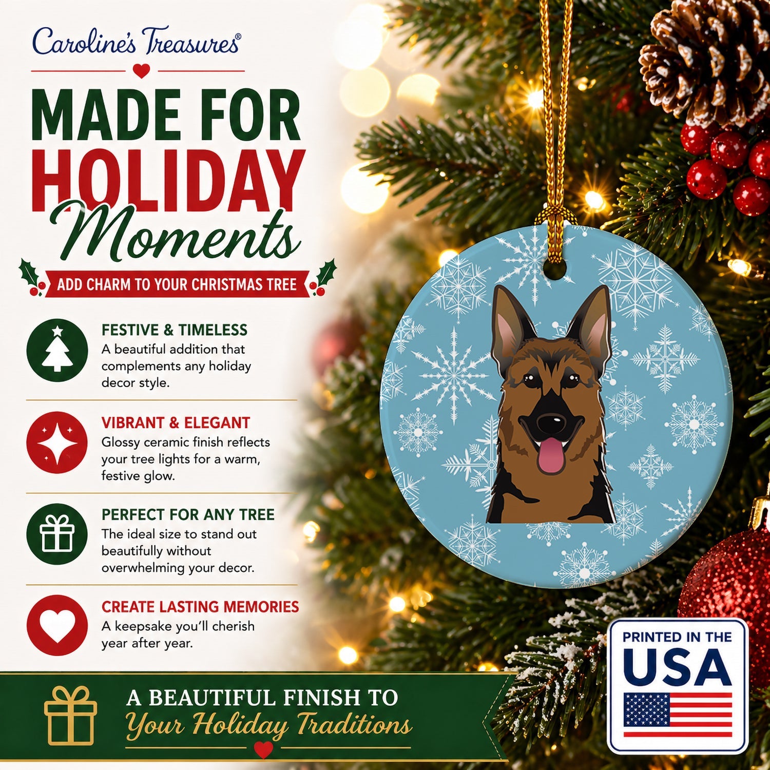 Snowflake German Shepherd Ceramic Ornament Christmas Tree Hanging Decorations for Home Christmas Holiday, Party, Gift, 3 in, Multicolor